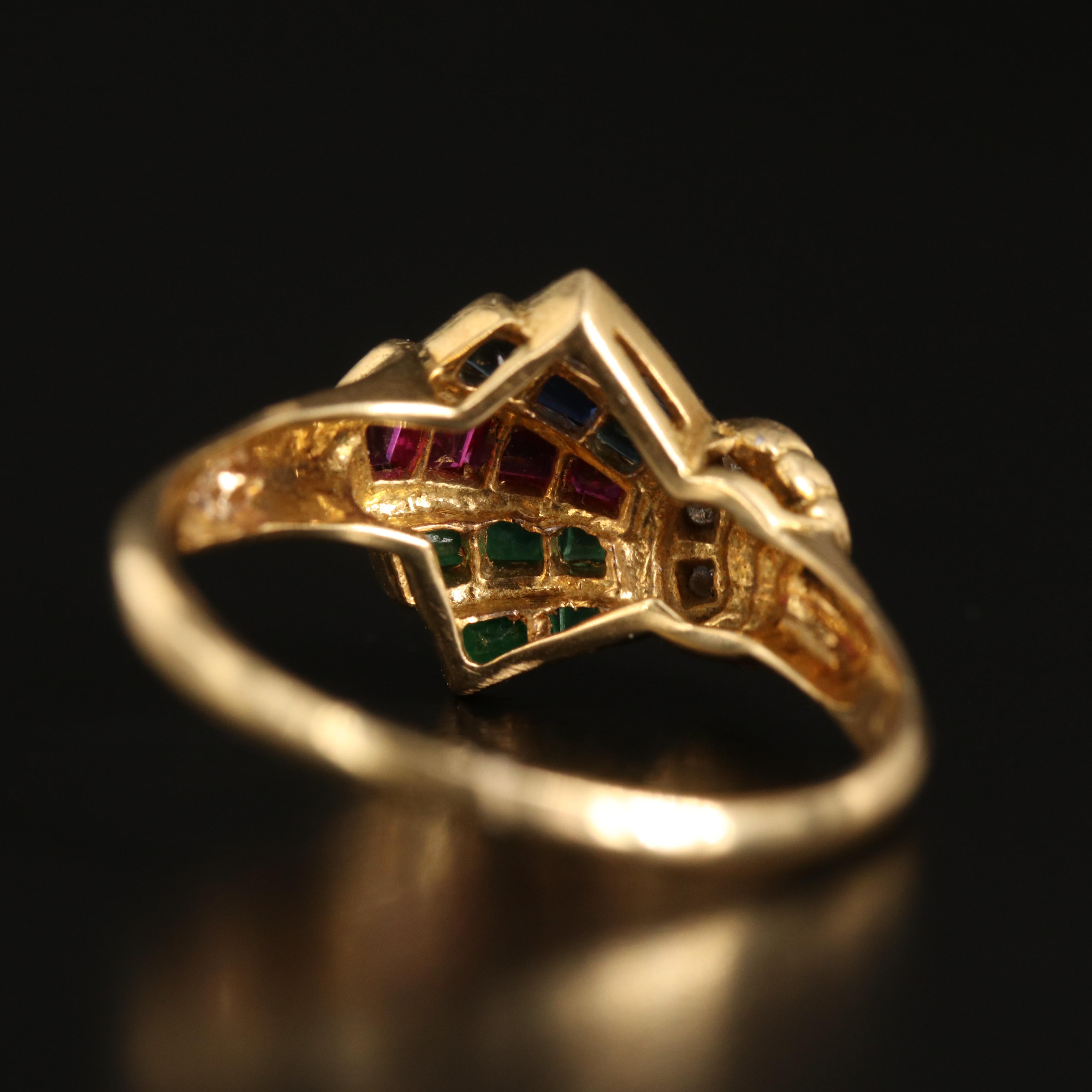18K Ruby, Sapphire, Emerald and Diamond Fan Ring