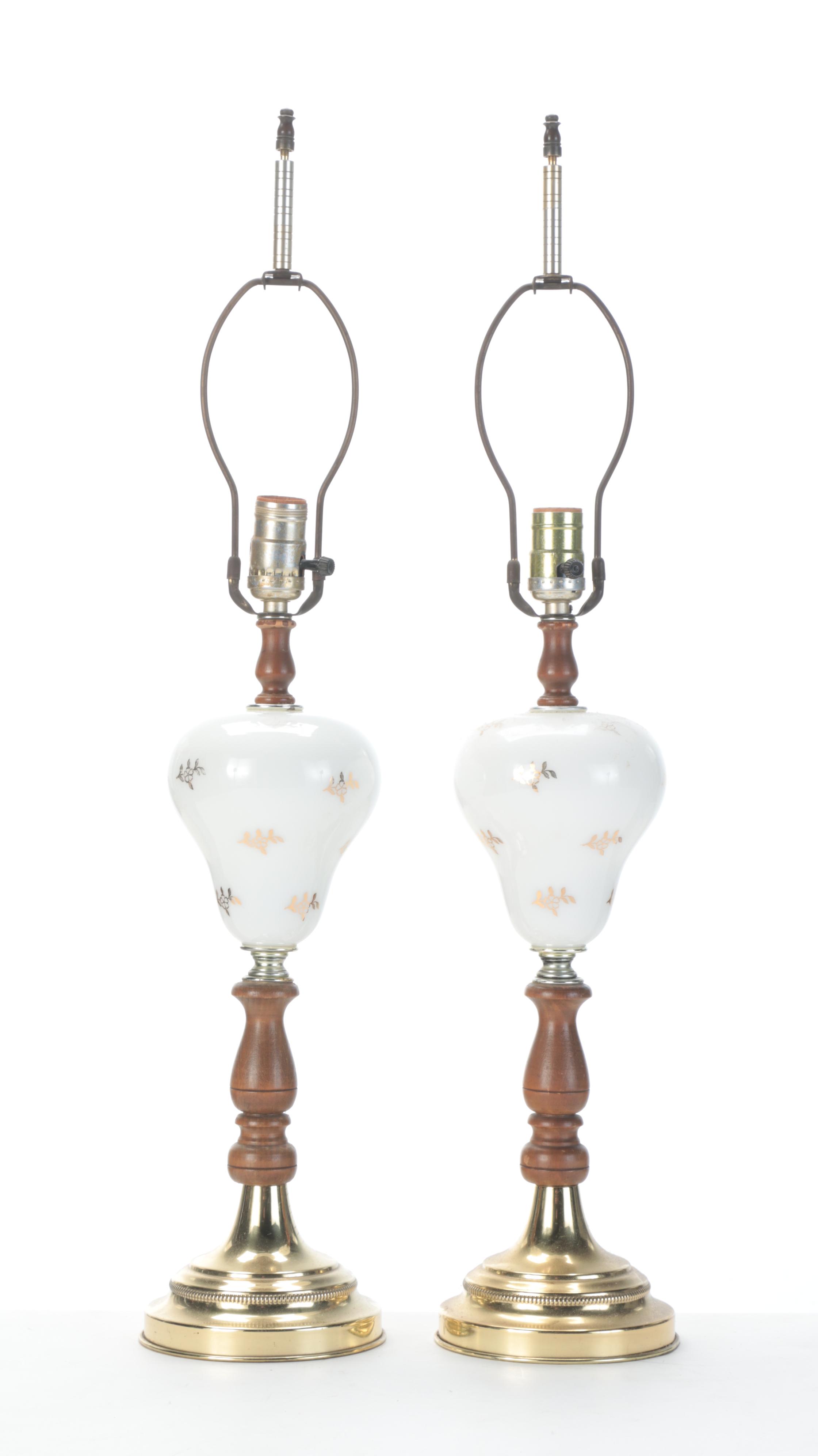 Pair of Painted Glass Font and Wooden Table Lamps, Mid-20th Century