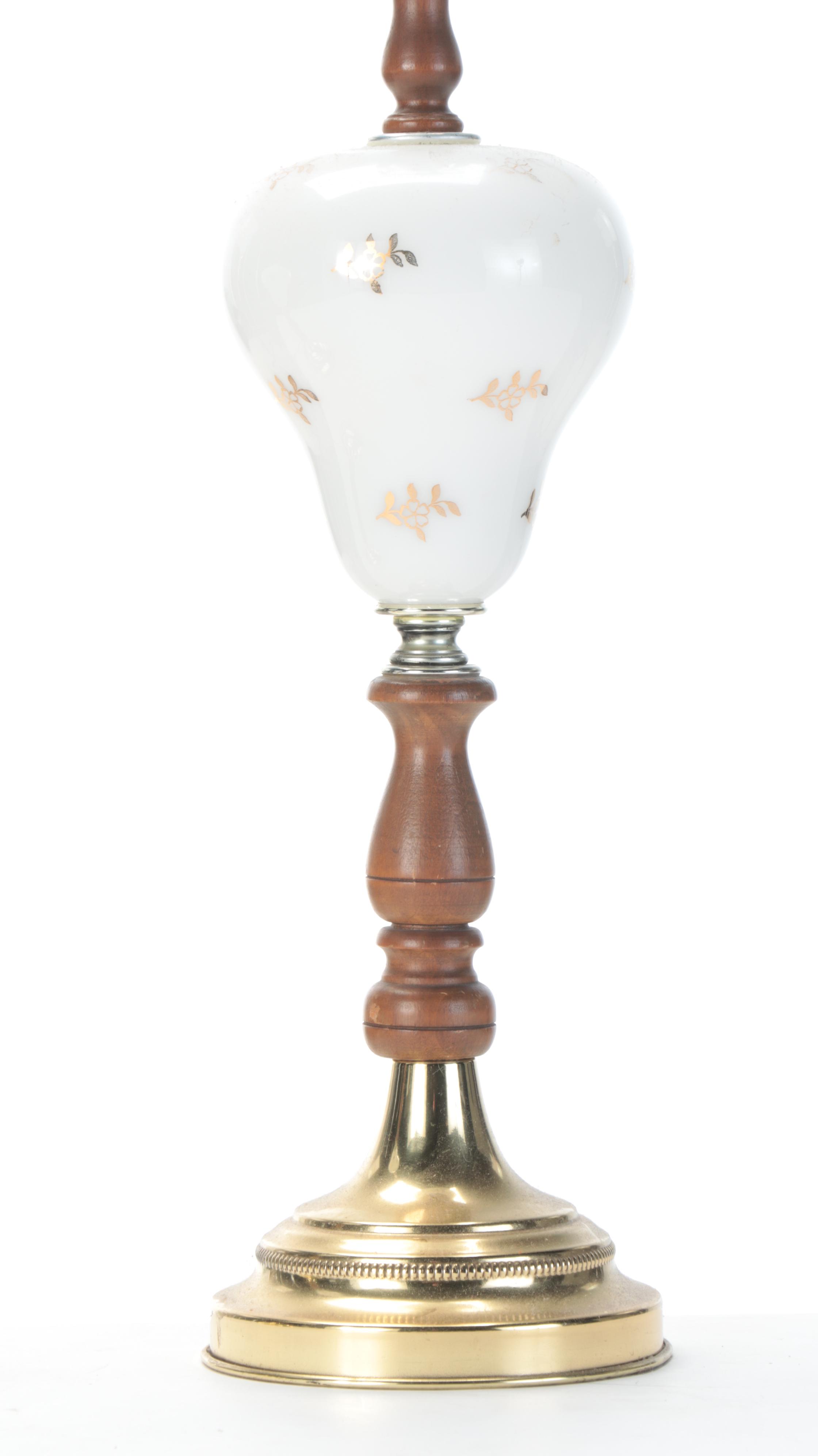 Pair of Painted Glass Font and Wooden Table Lamps, Mid-20th Century