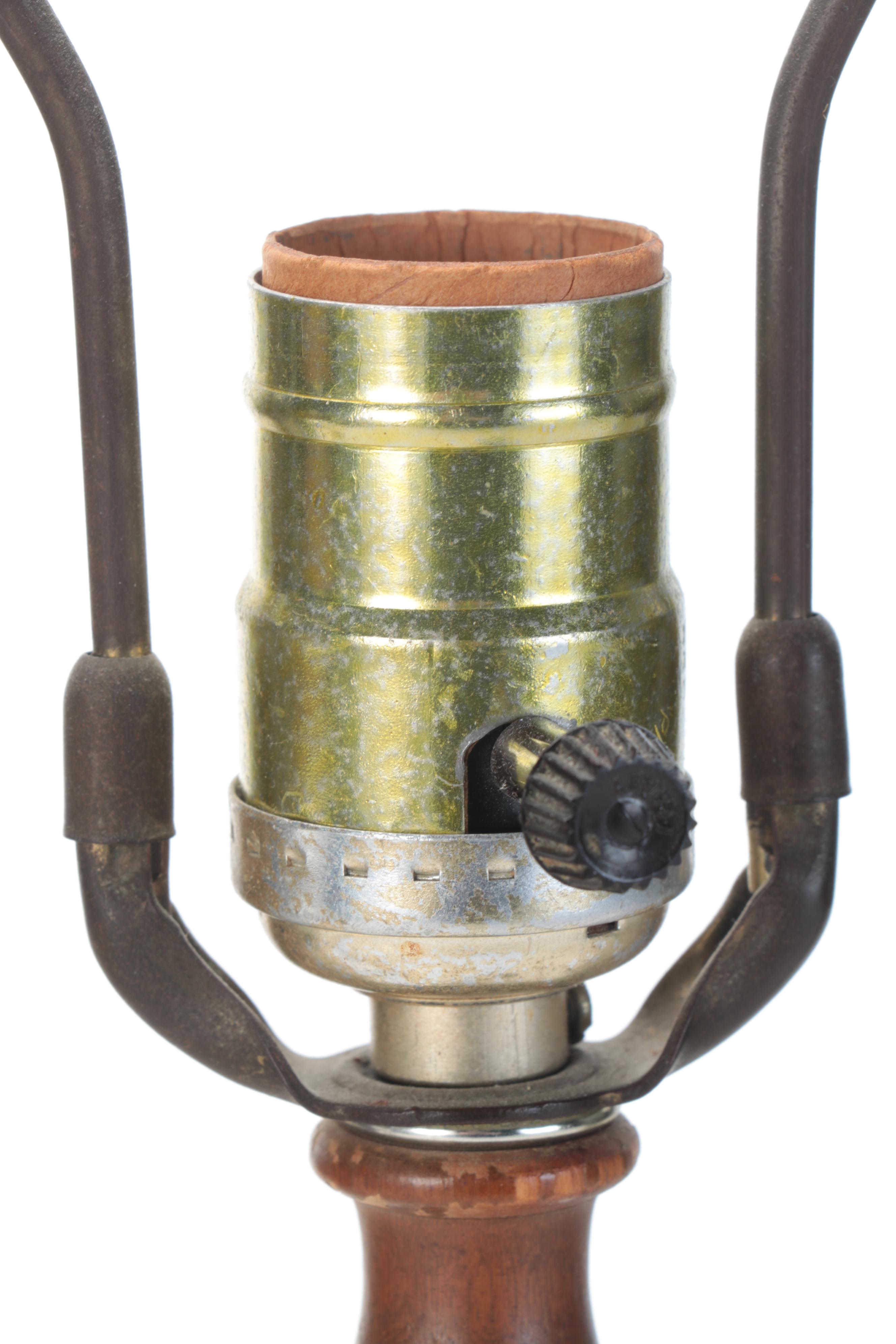 Pair of Painted Glass Font and Wooden Table Lamps, Mid-20th Century