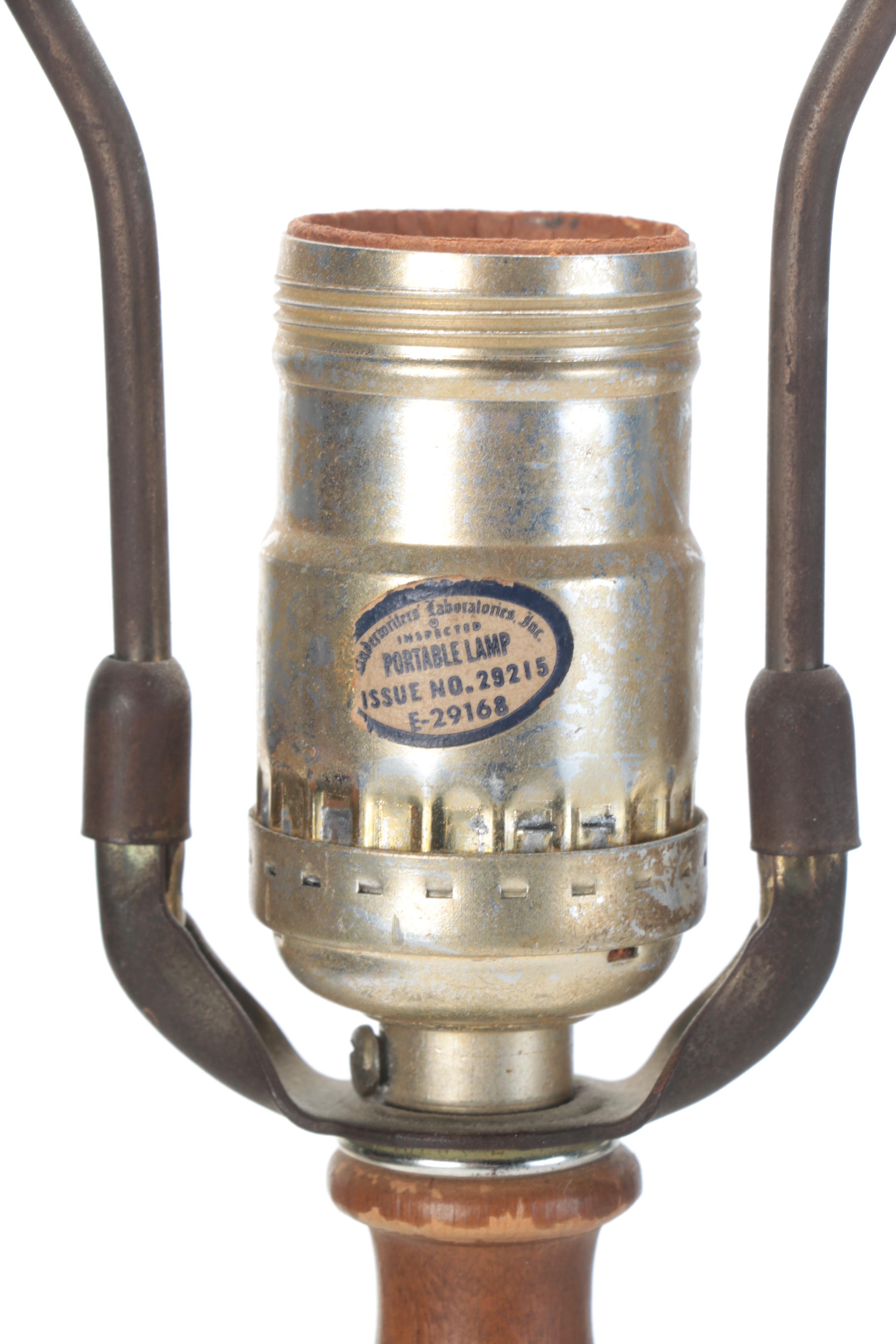 Pair of Painted Glass Font and Wooden Table Lamps, Mid-20th Century