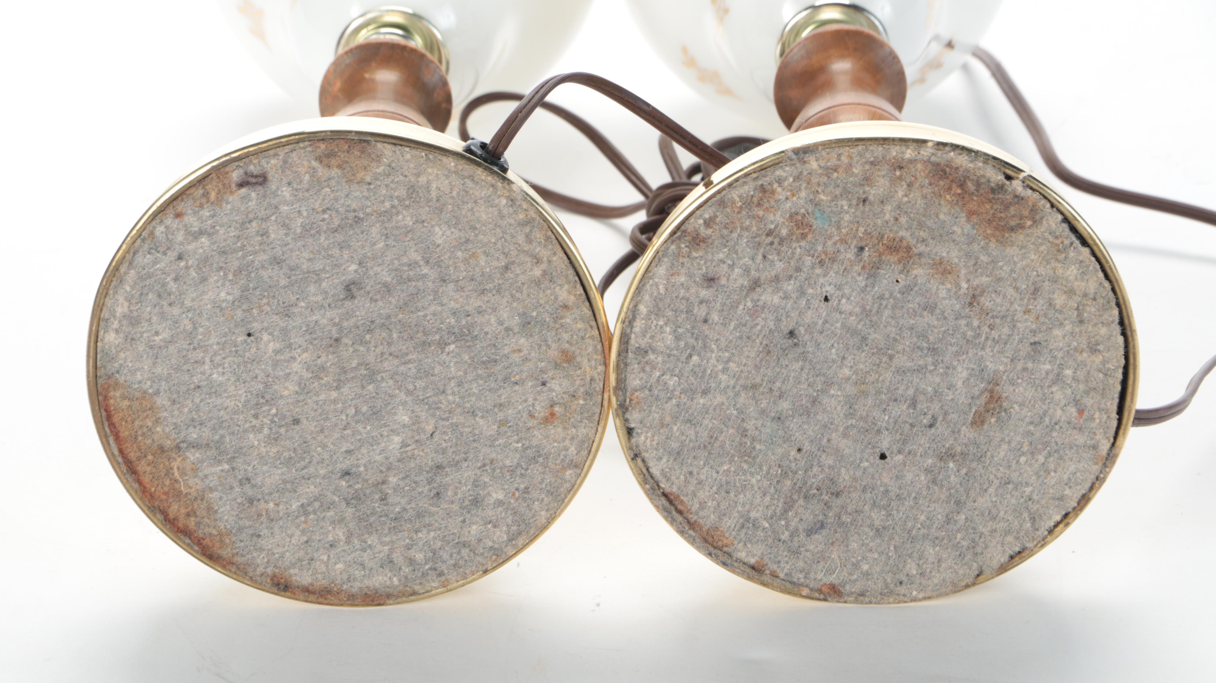 Pair of Painted Glass Font and Wooden Table Lamps, Mid-20th Century