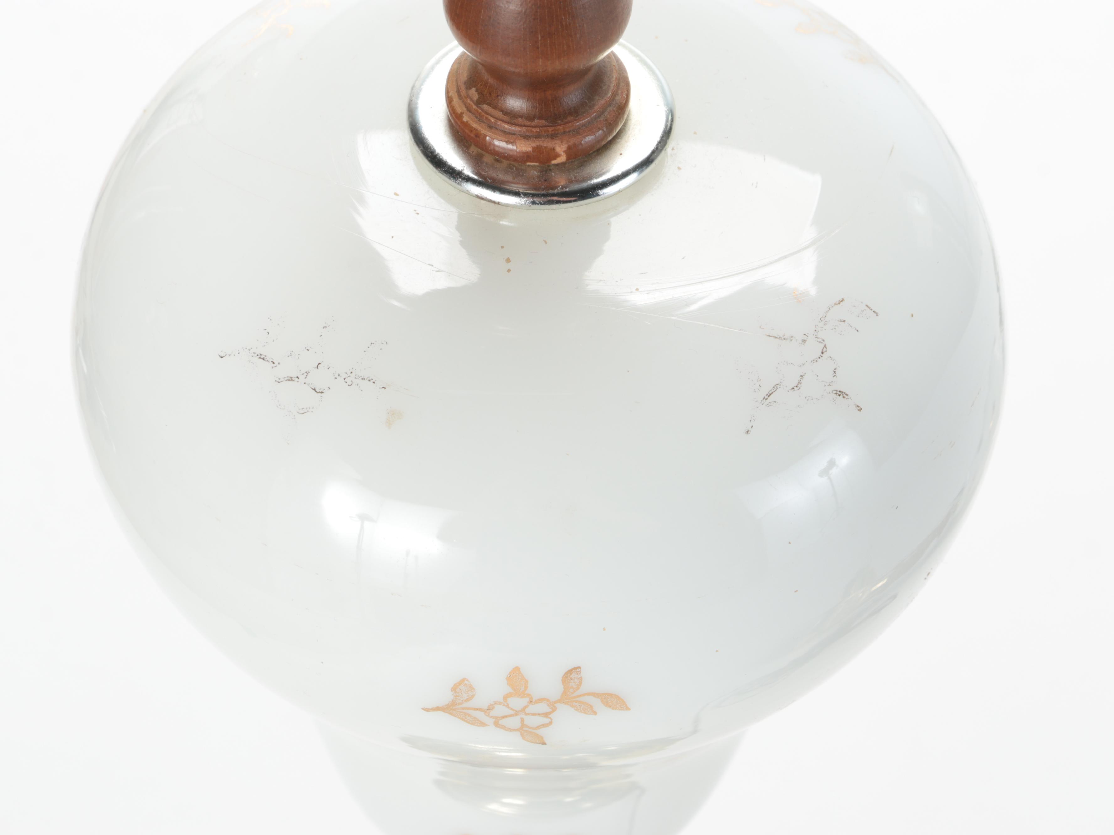 Pair of Painted Glass Font and Wooden Table Lamps, Mid-20th Century