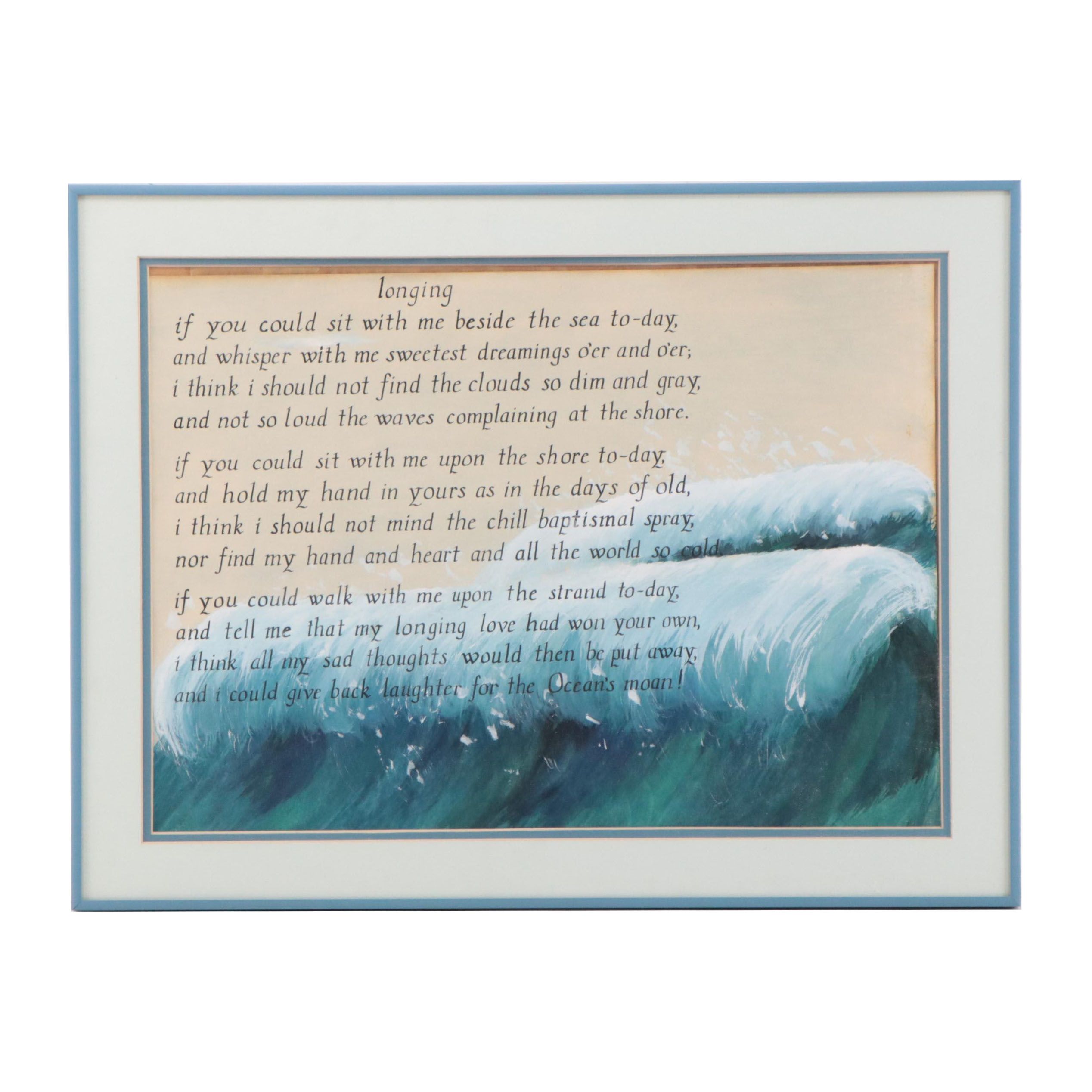 Watercolor Painting of Ocean Wave With Inscribed Verse "Longing"