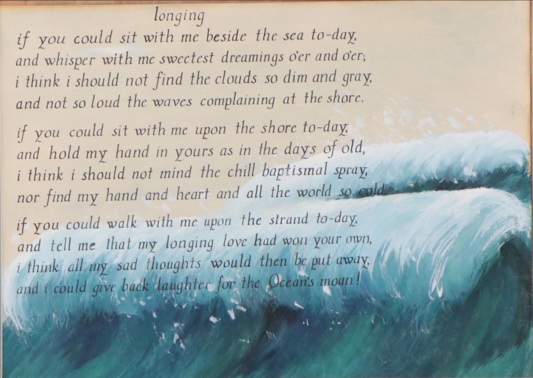Watercolor Painting of Ocean Wave With Inscribed Verse "Longing"