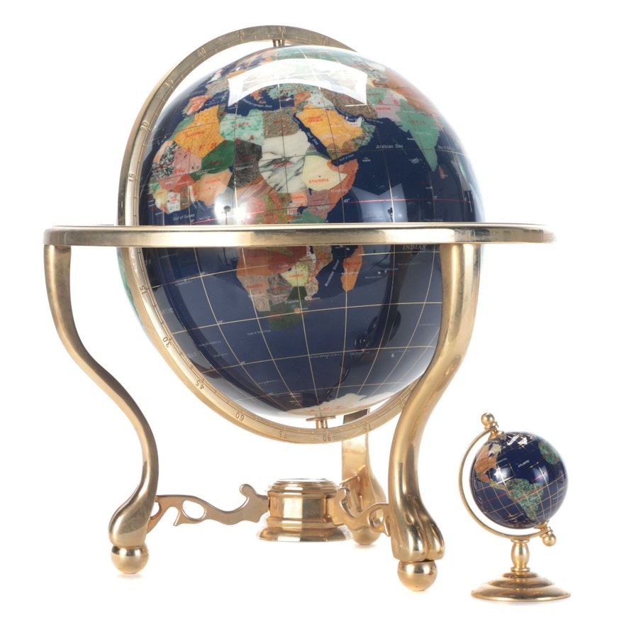 Sandstone, Marble, Jasper, Abalone and More World Globe With Mini Globe, Vintage