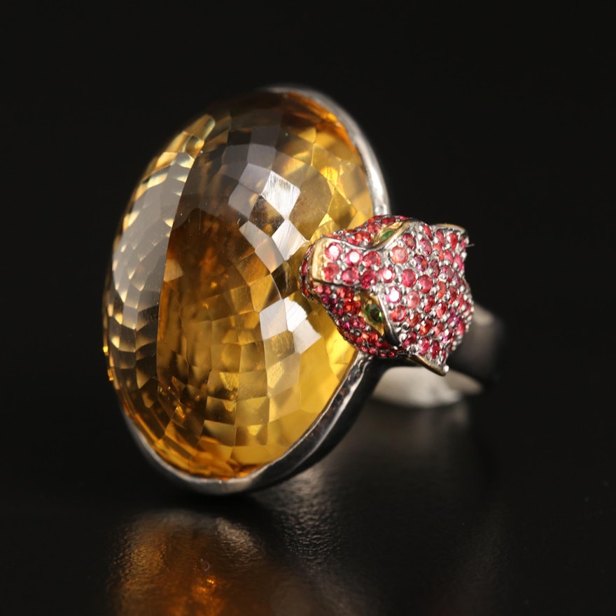 Sterling Citrine, Diopside and Ruby Panther Ring