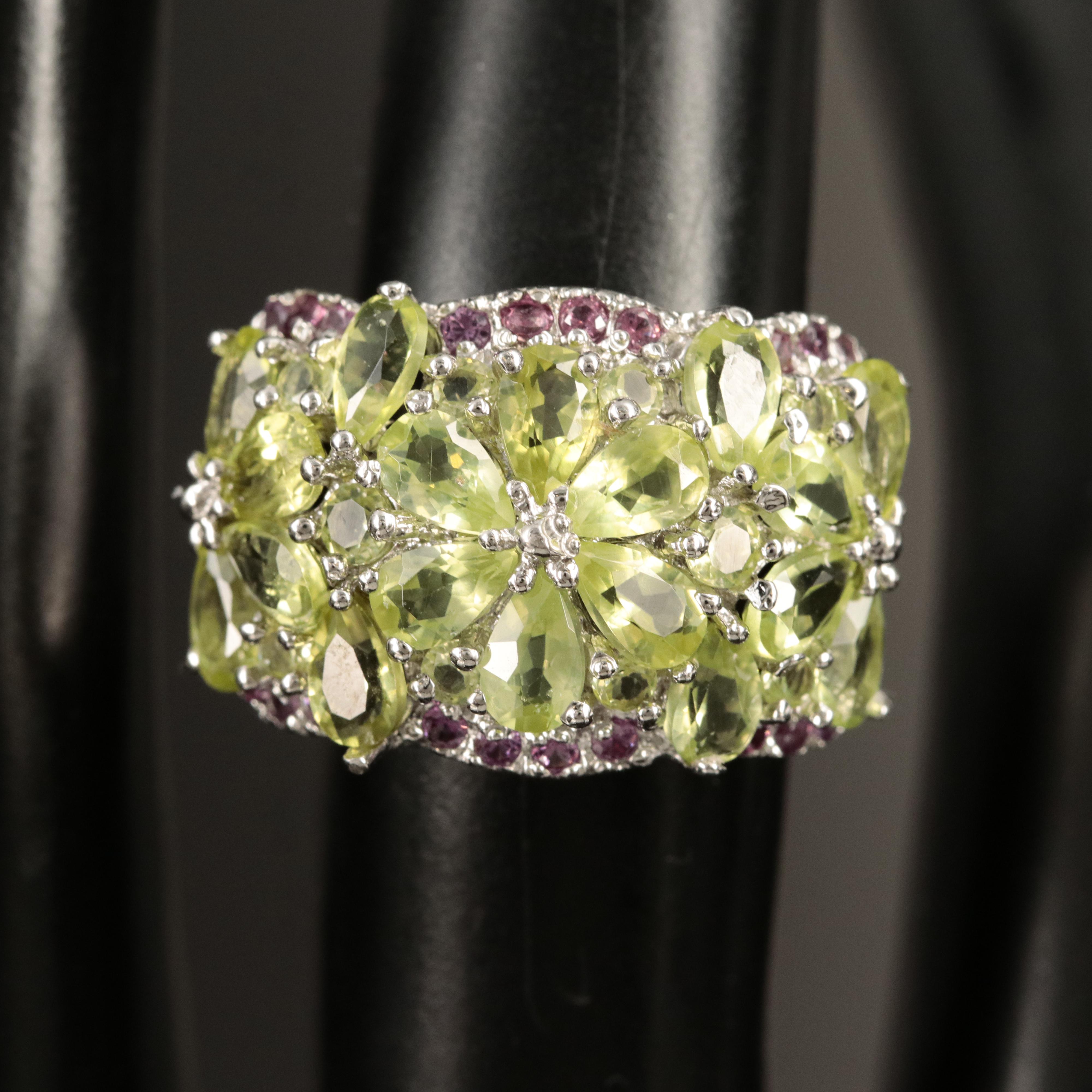 Sterling Peridot and Rhodolite Garnet Flower Cluster Ring