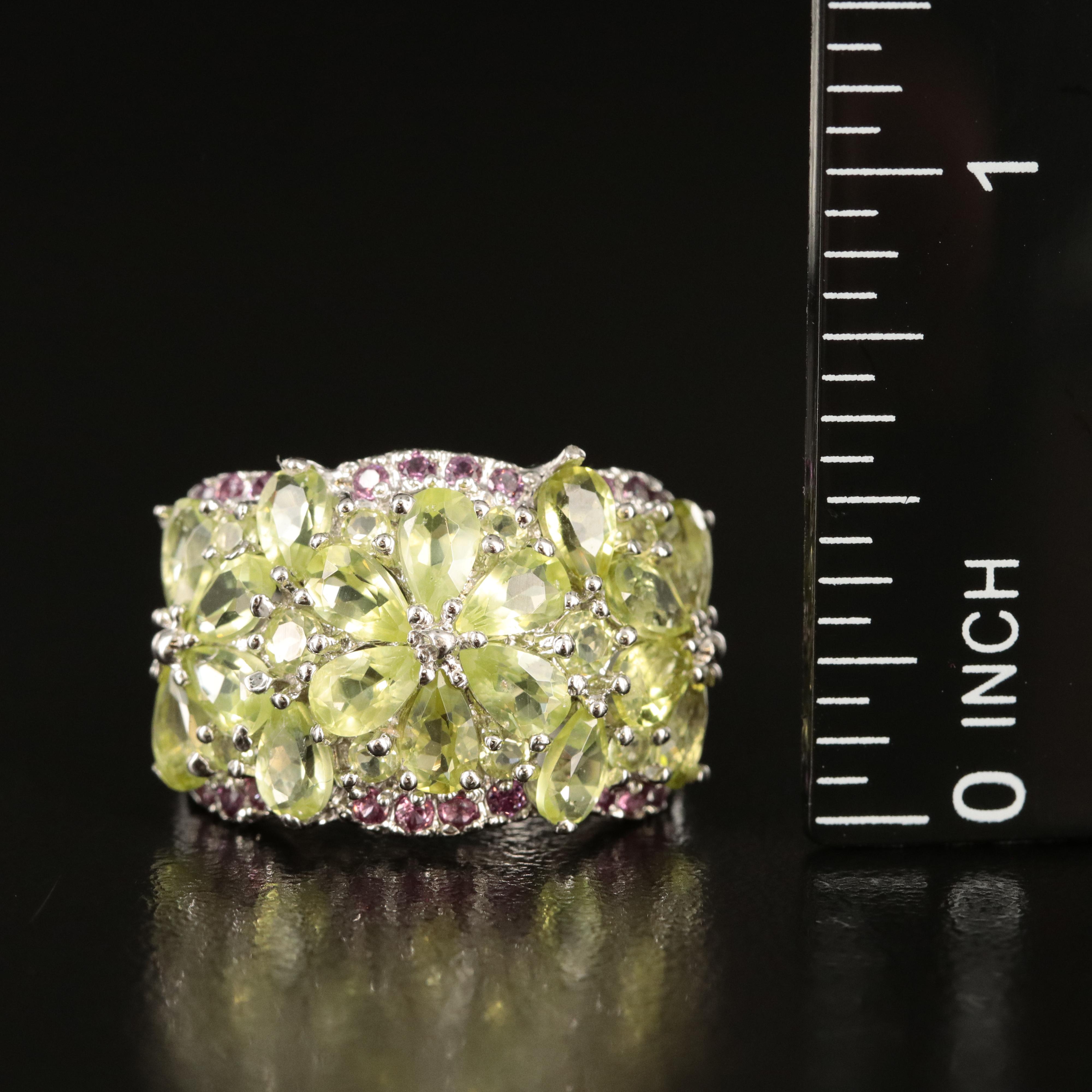 Sterling Peridot and Rhodolite Garnet Flower Cluster Ring