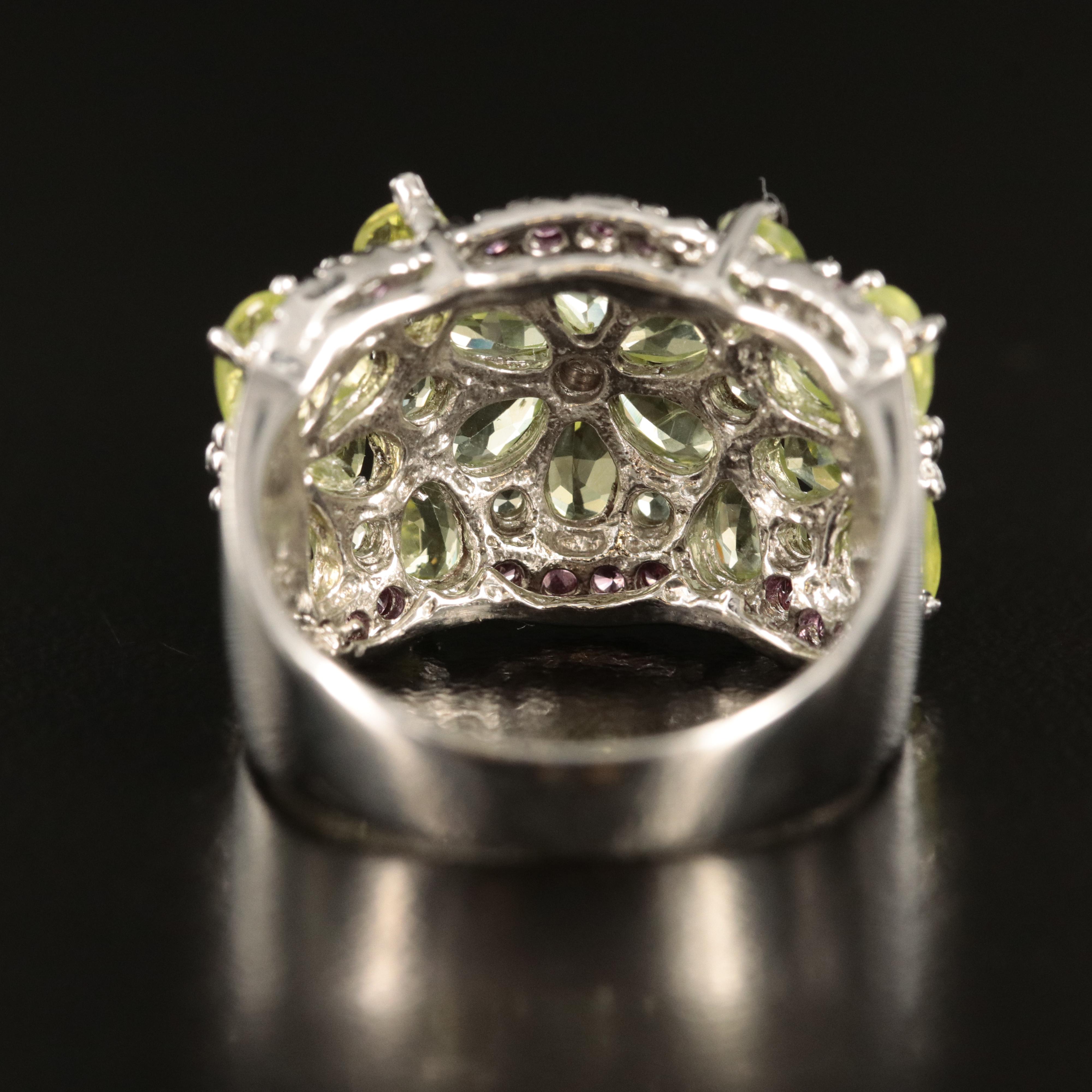 Sterling Peridot and Rhodolite Garnet Flower Cluster Ring