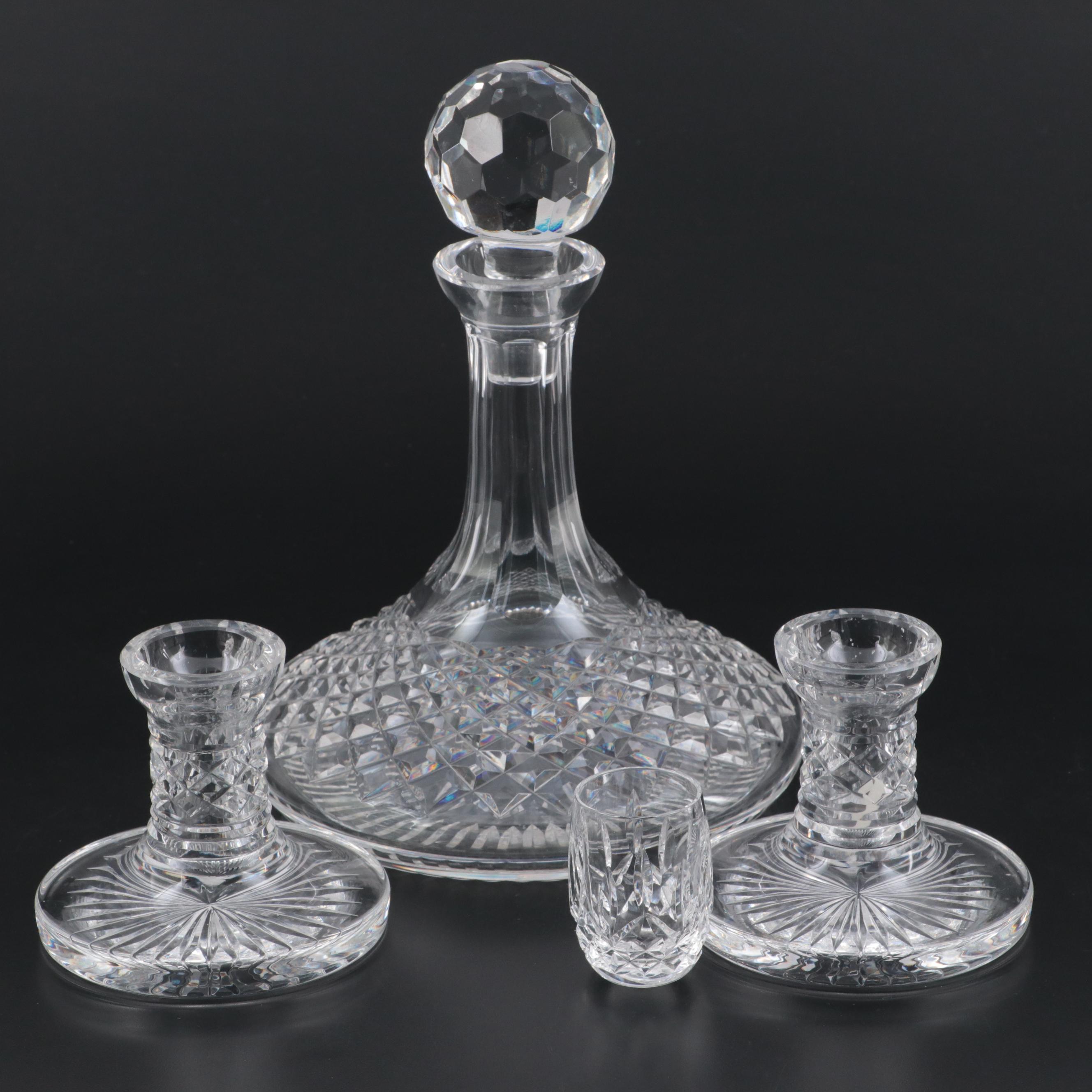 Waterford Crystal "Alana" Ship's Decanter with Candlesticks and Shot Glass