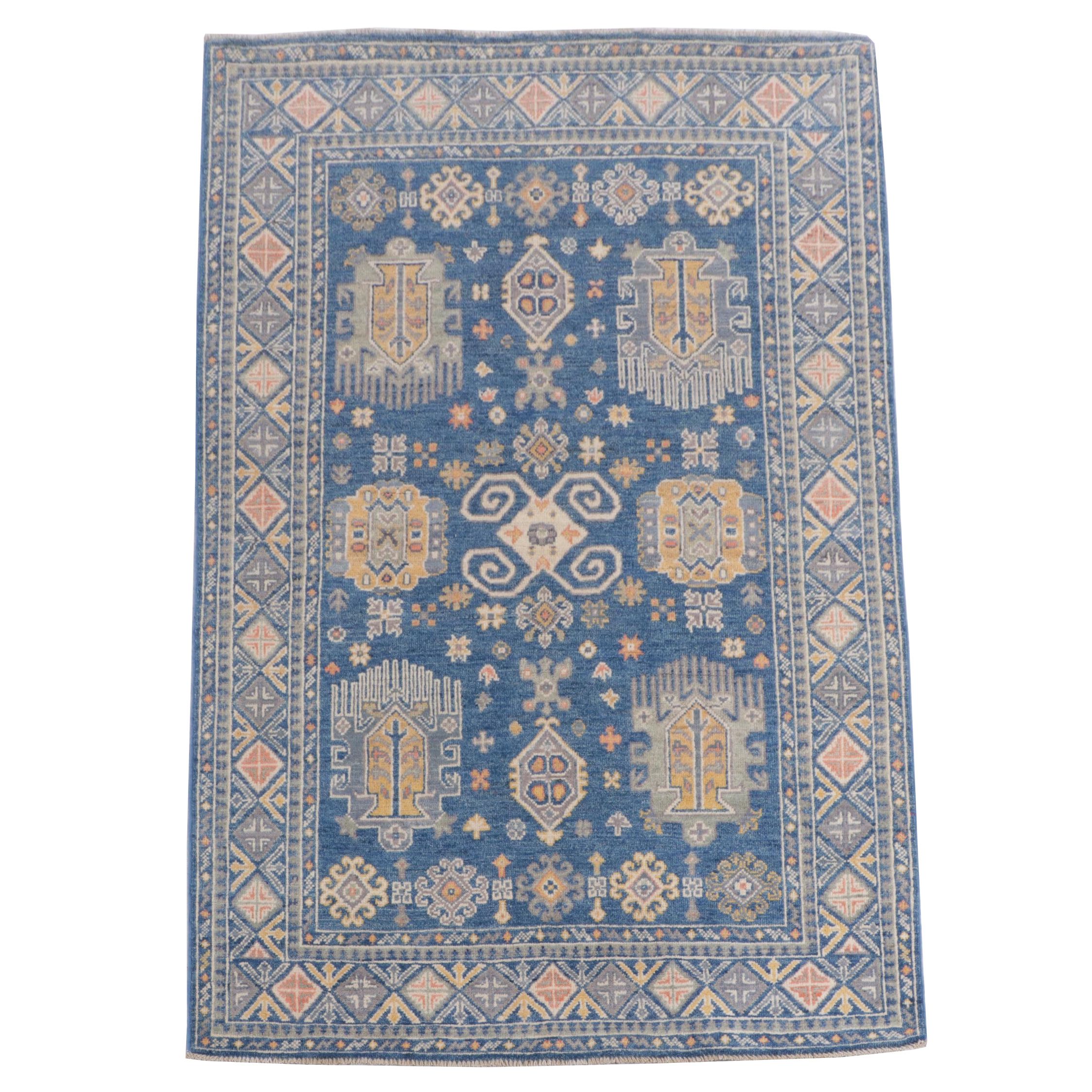 4'1 x 6' Hand-Knotted Afghan Kazak Area Rug