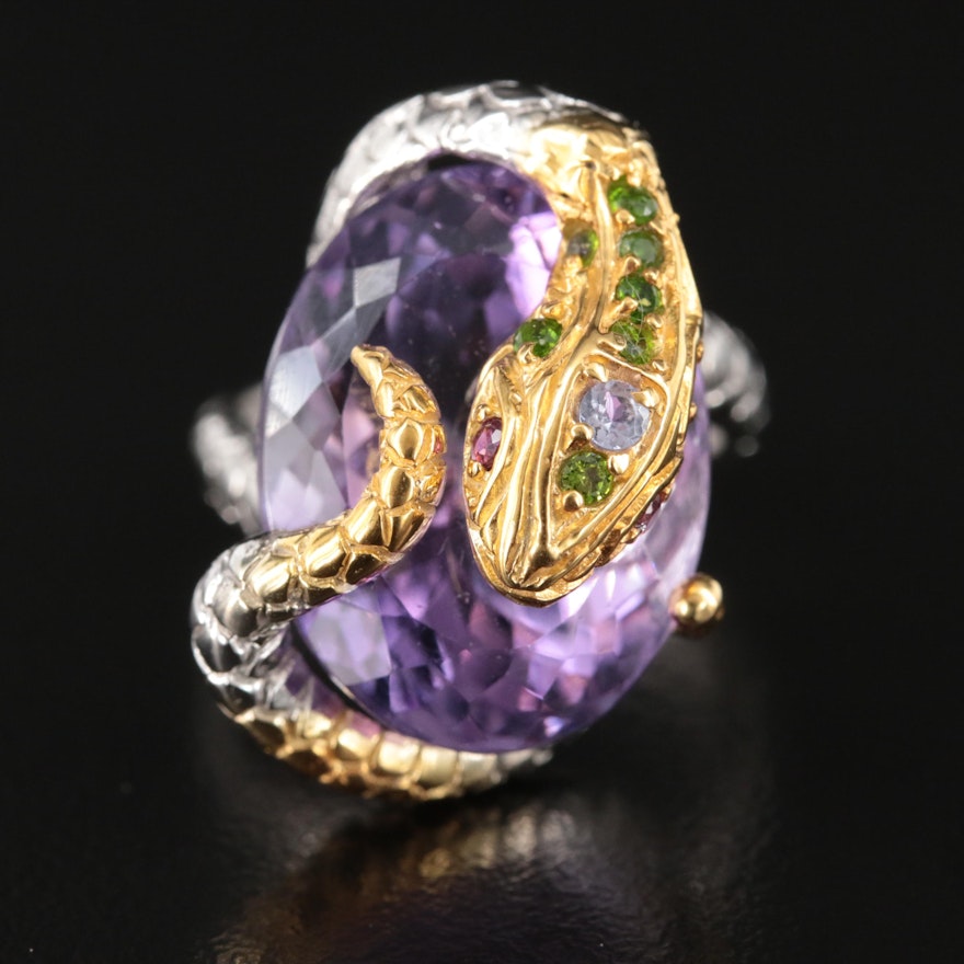 Sterling Amethyst, Tanzanite and diopside Snake Ring