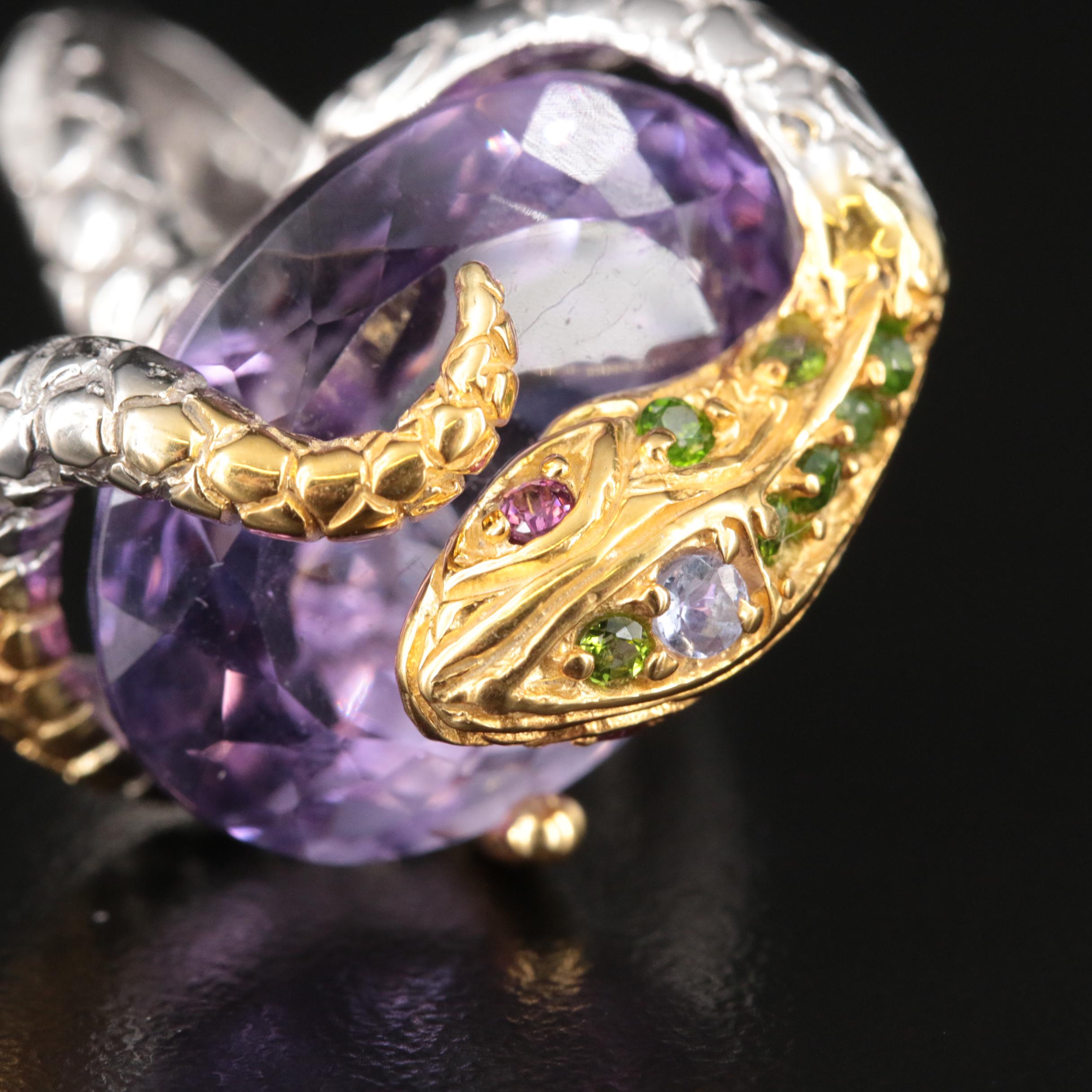 Sterling Amethyst, Tanzanite and diopside Snake Ring