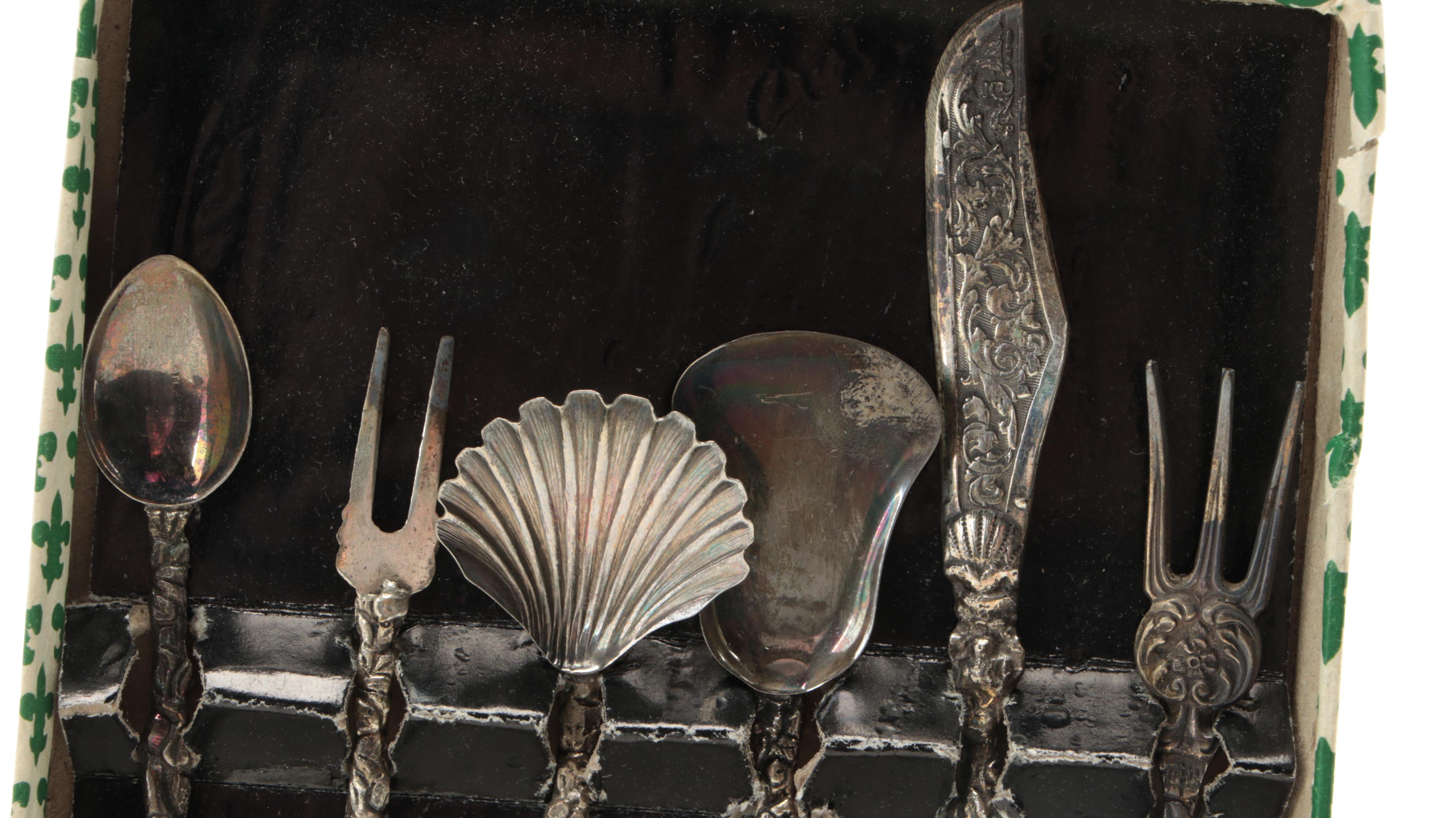 Hammered Silver Plate Tray with Italian Baroque Serving Utensils