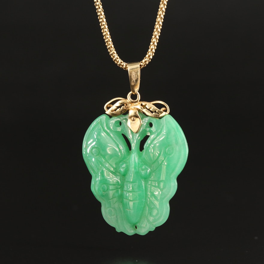 14K Carved Jadeite Butterfly Pendant Necklace 1