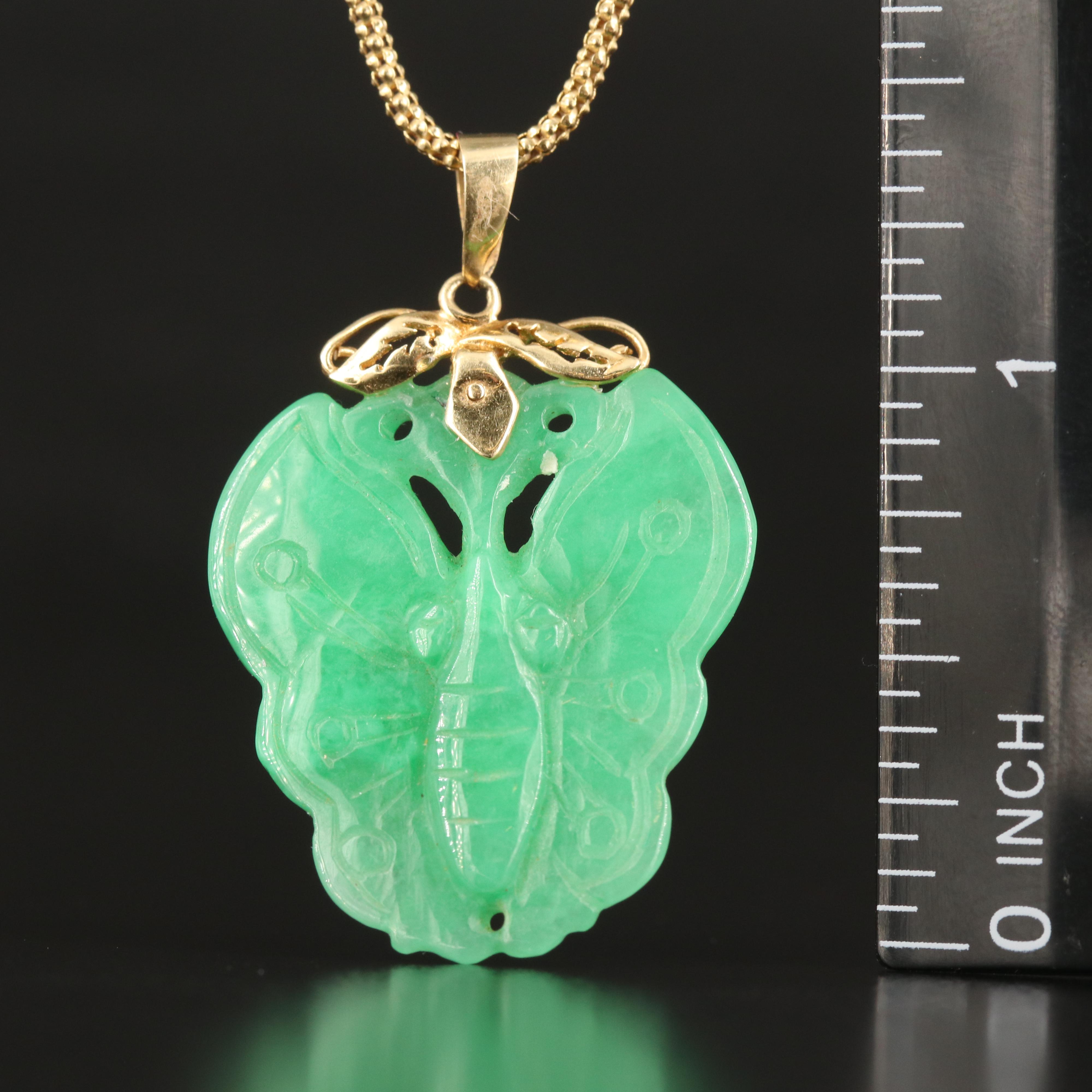 14K Carved Jadeite Butterfly Pendant Necklace 1