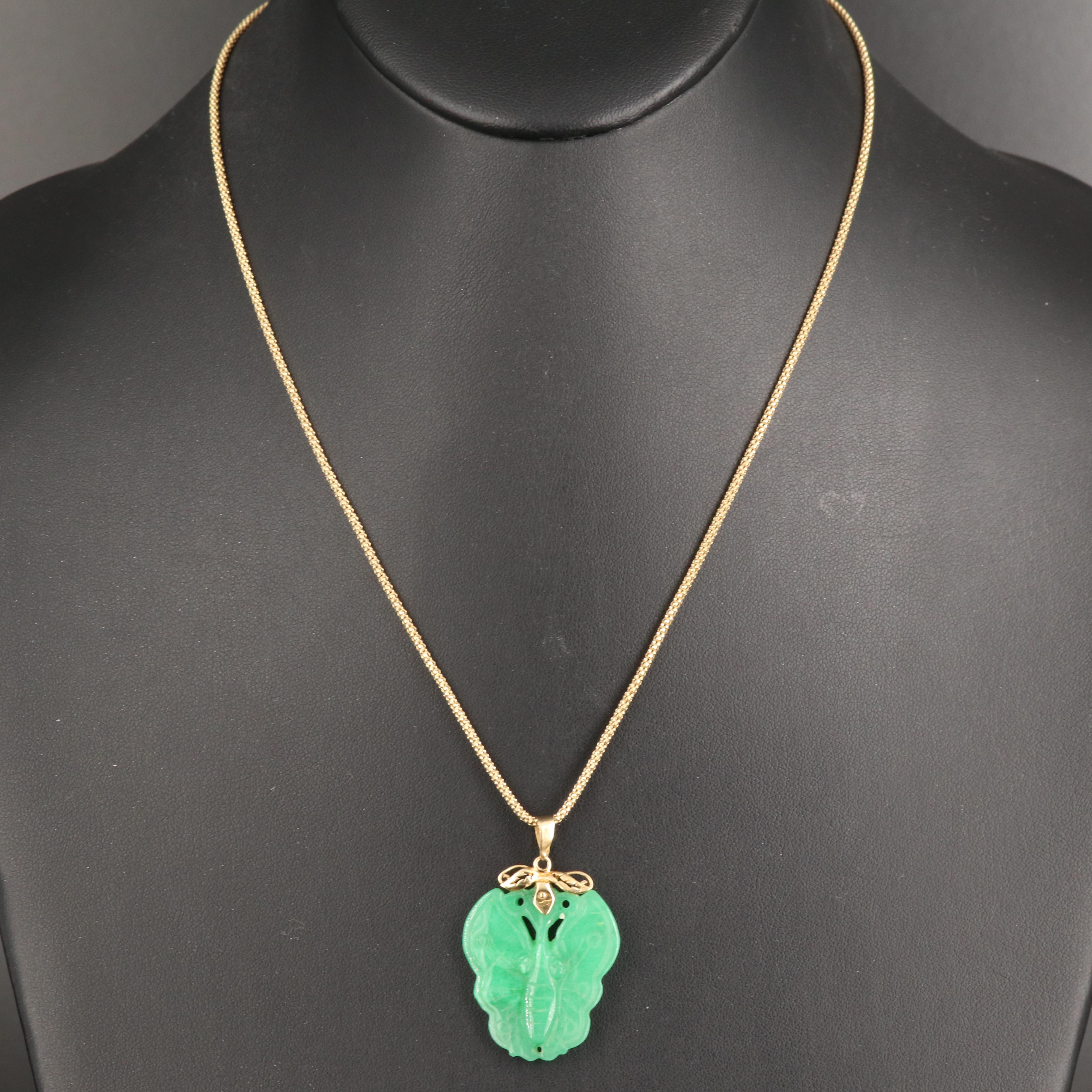 14K Carved Jadeite Butterfly Pendant Necklace 1
