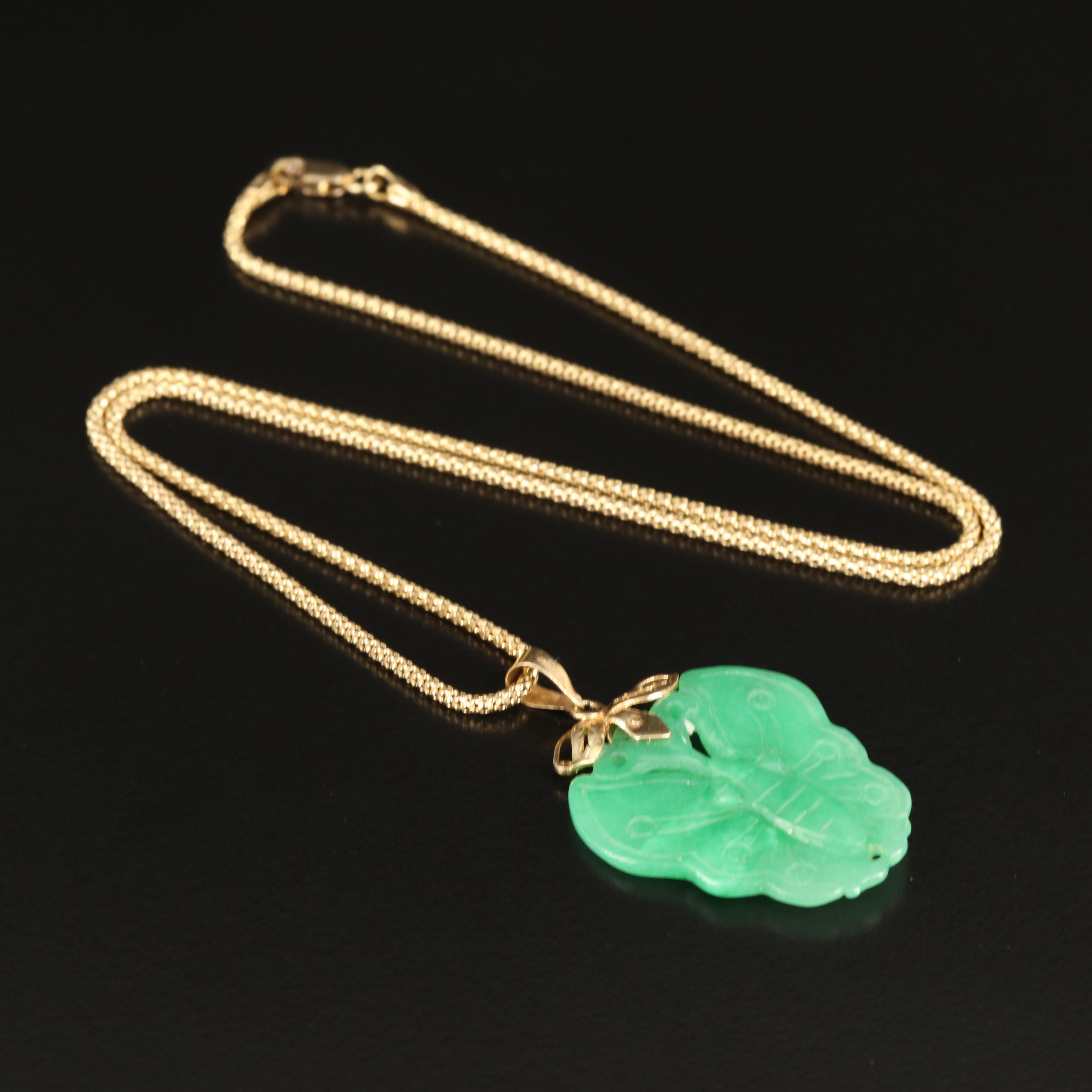 14K Carved Jadeite Butterfly Pendant Necklace 1