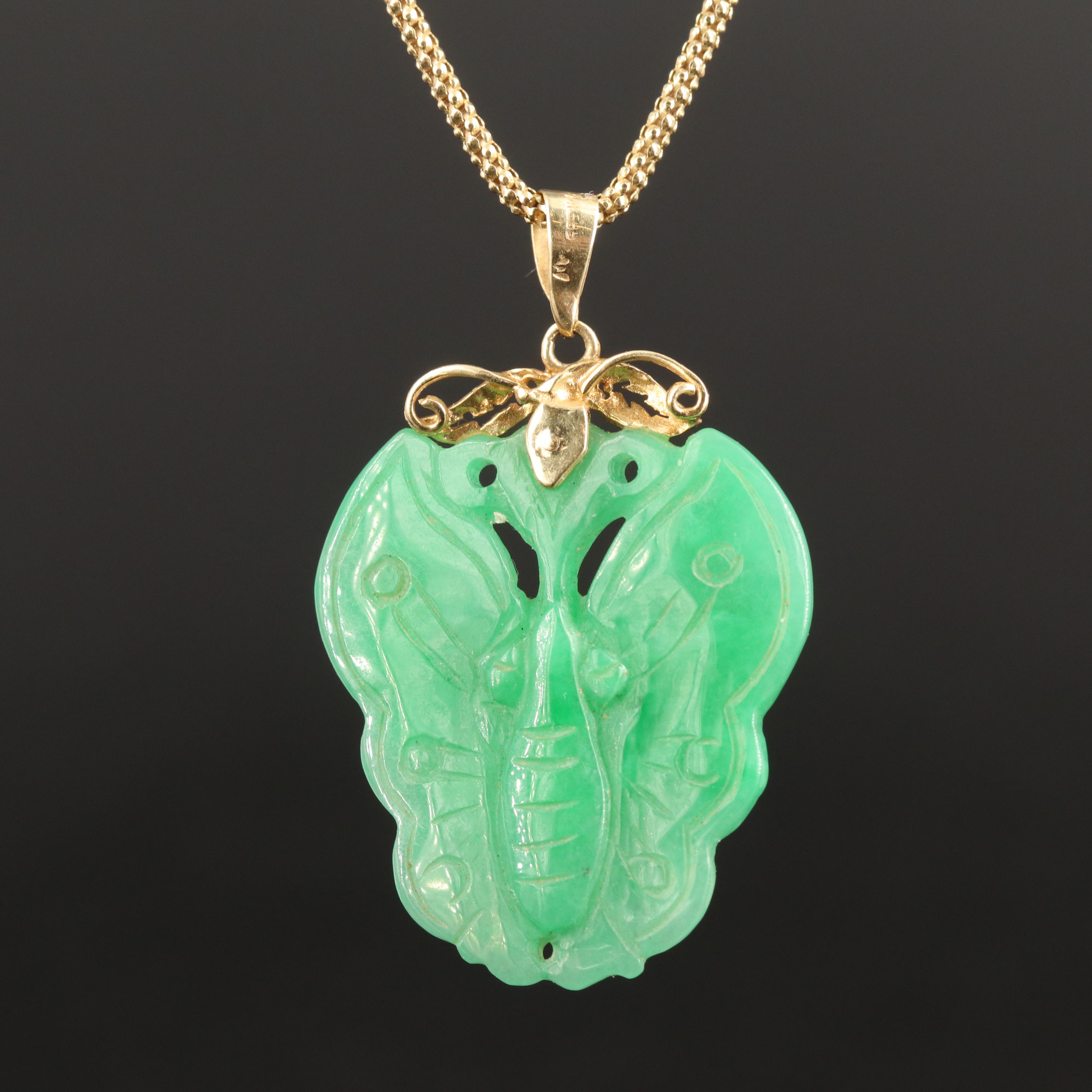 14K Carved Jadeite Butterfly Pendant Necklace 1