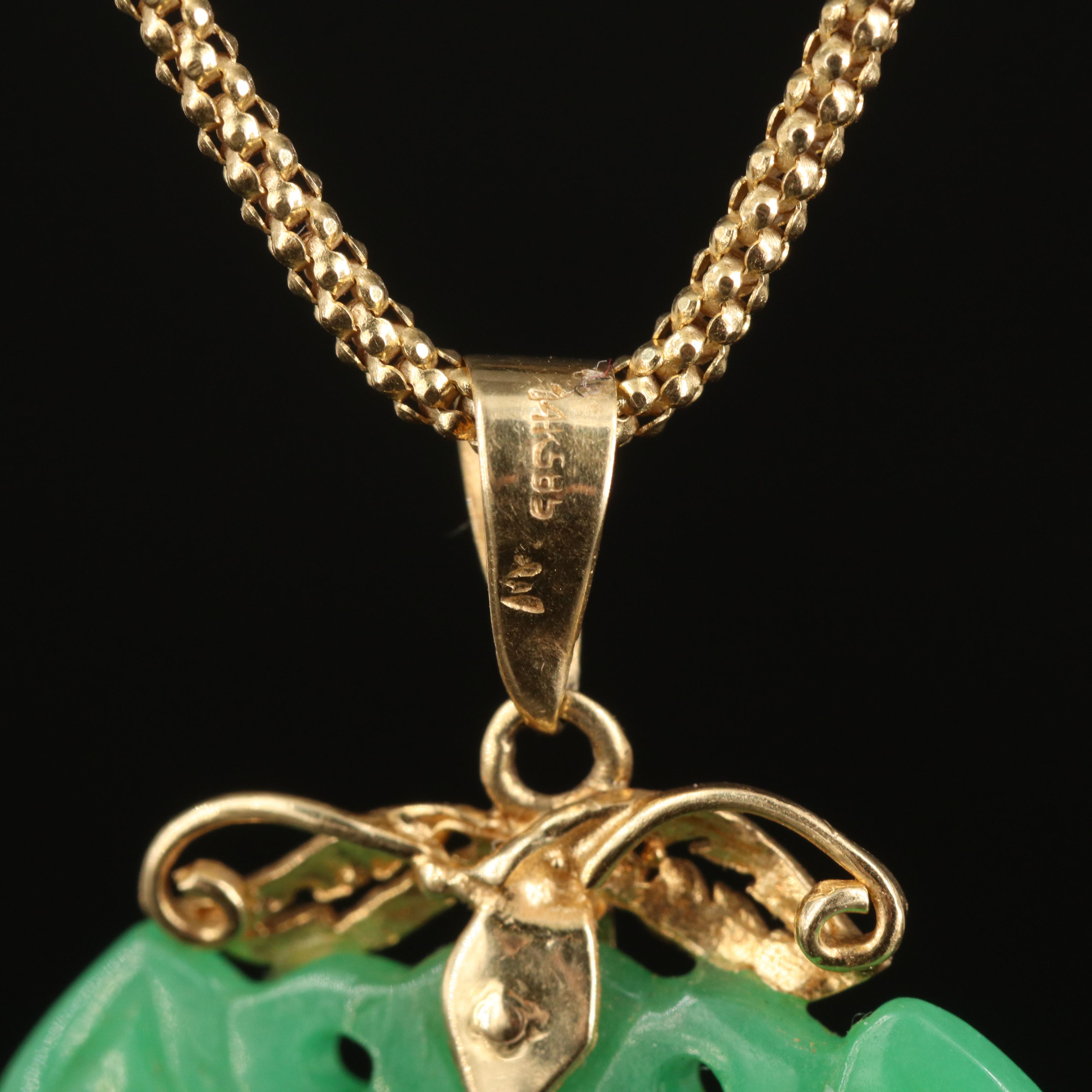14K Carved Jadeite Butterfly Pendant Necklace 1