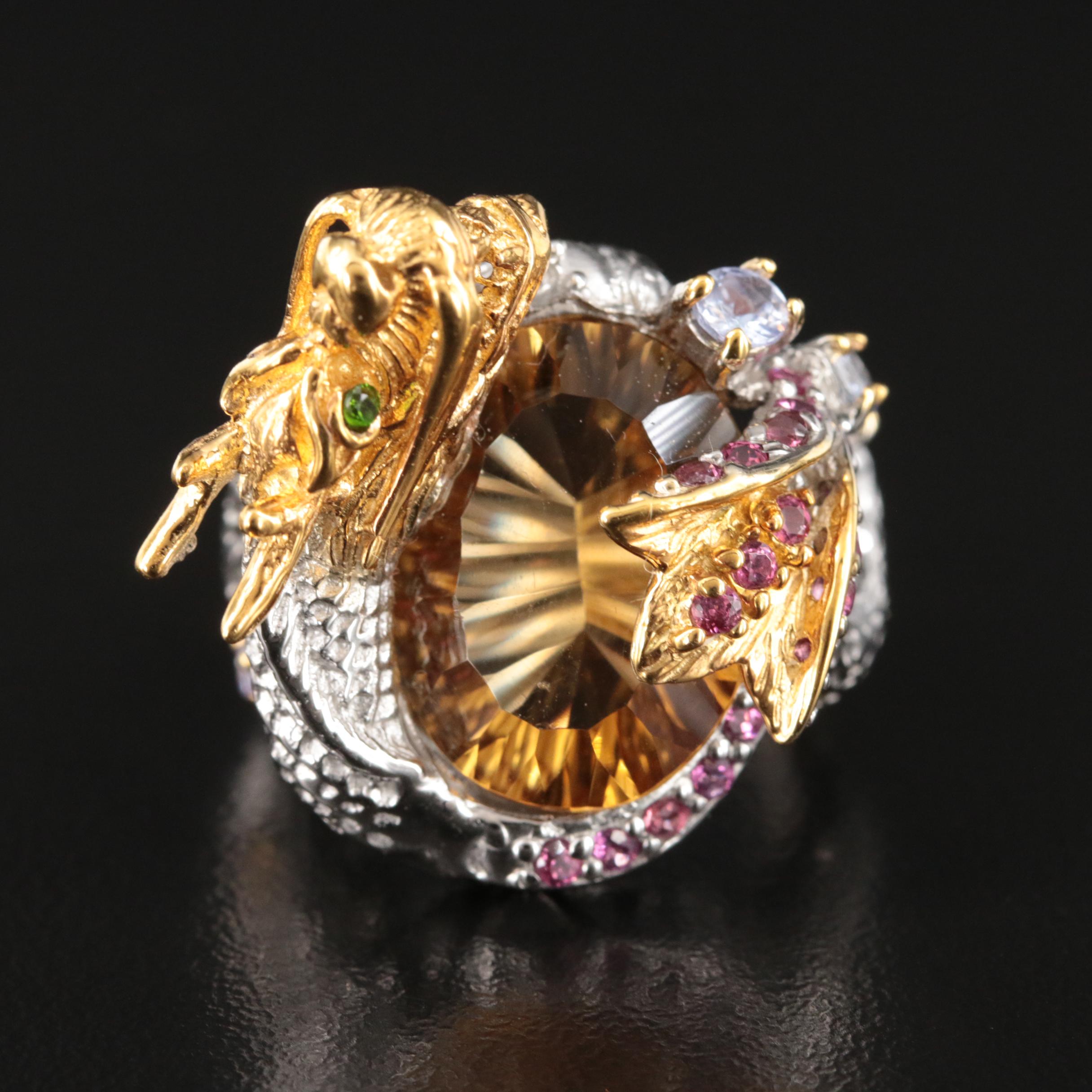 Sterling Citrine, Tanzanite and Garnet Wyrm Ring