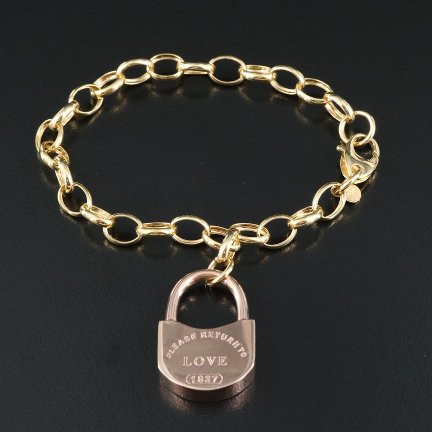 18K Rose Gold Lock Charm on Yellow Gold Bracelet