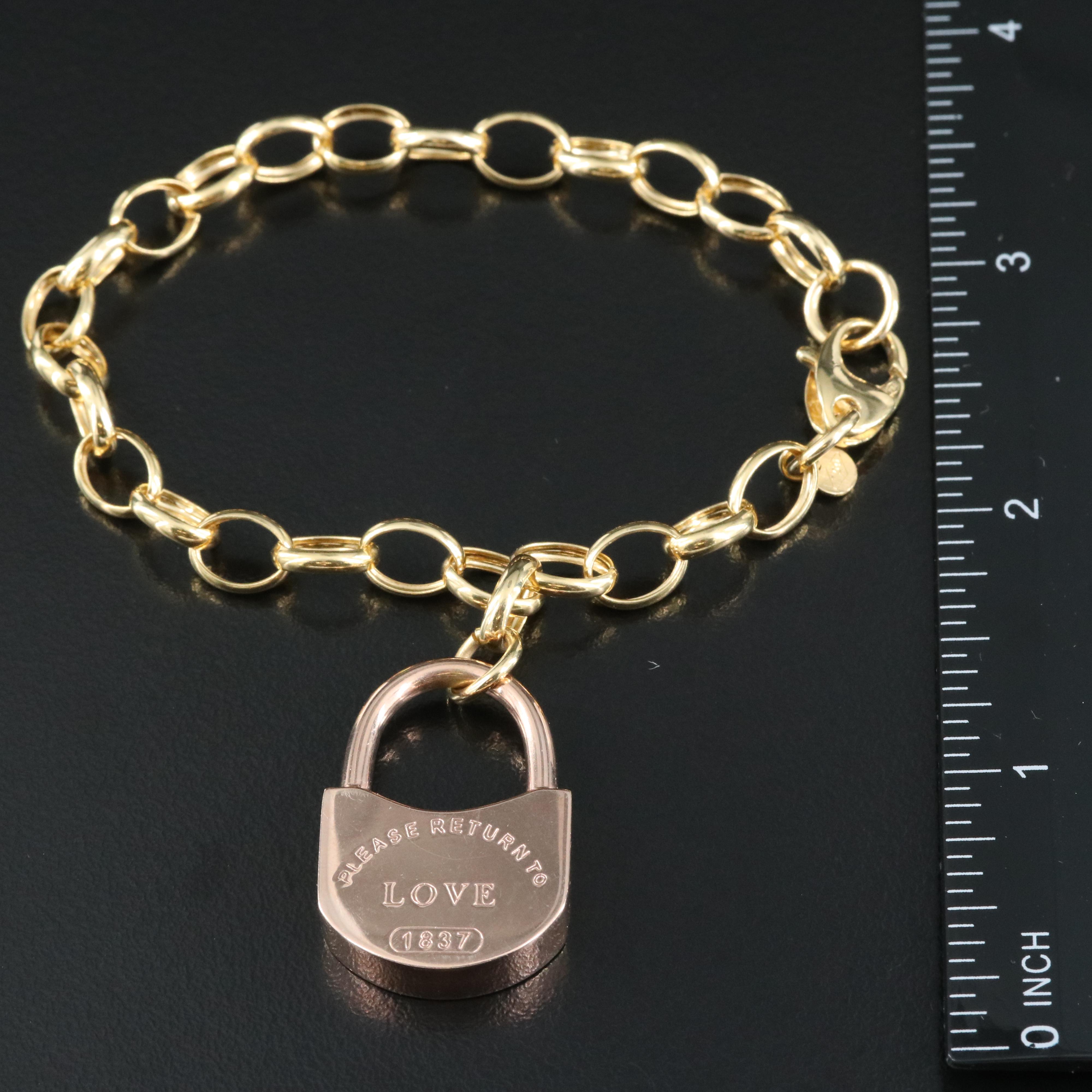 18K Rose Gold Lock Charm on Yellow Gold Bracelet