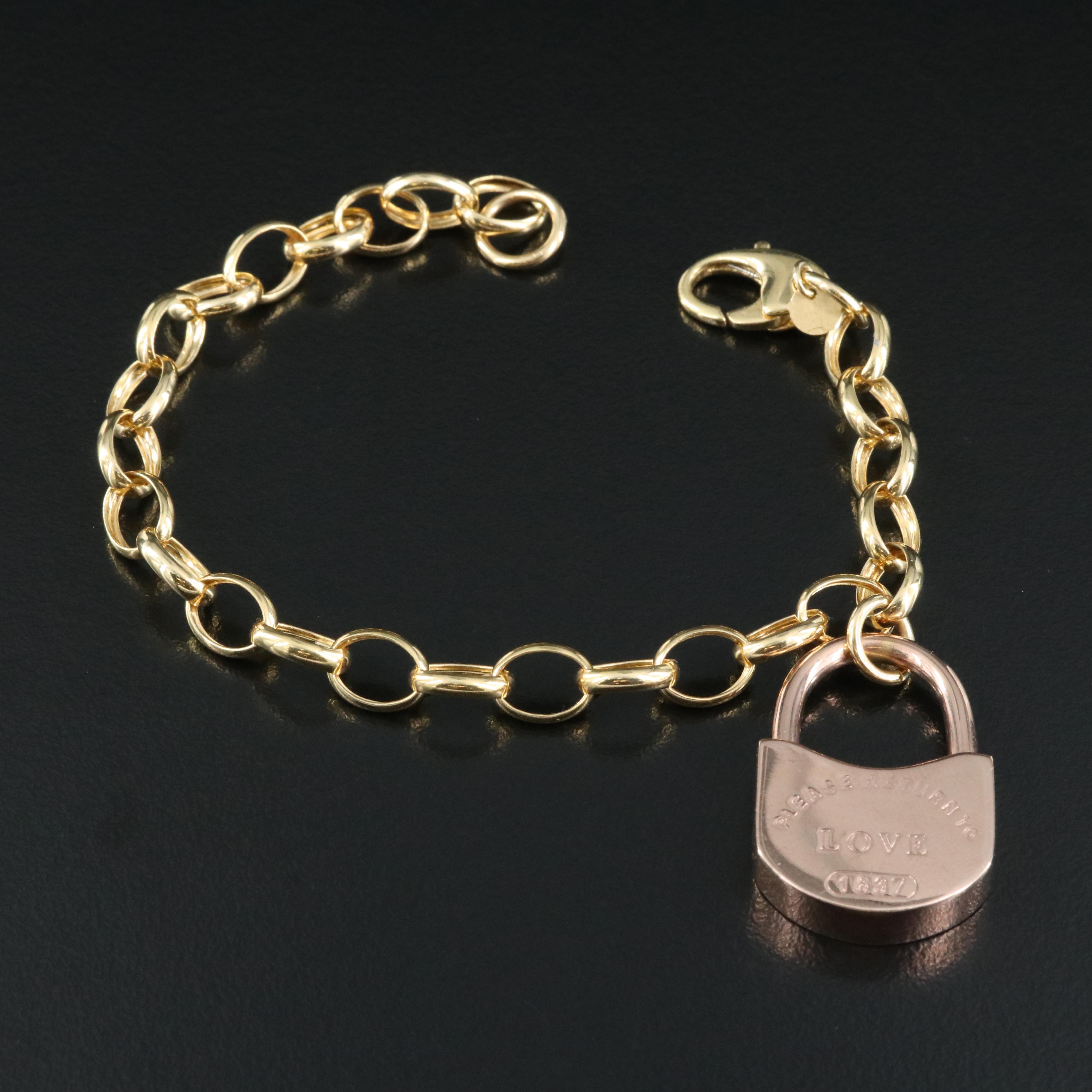 18K Rose Gold Lock Charm on Yellow Gold Bracelet