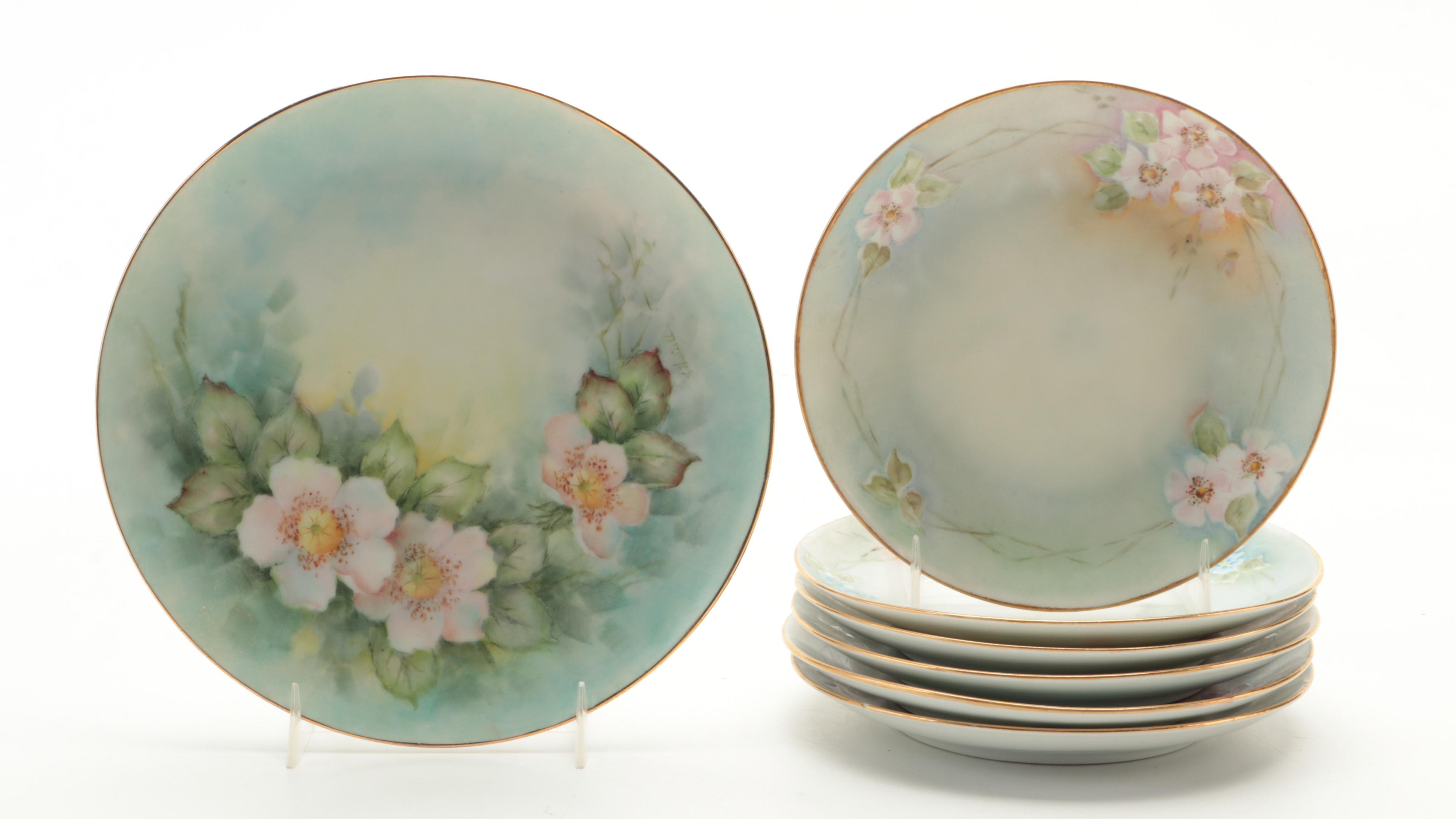 Victorian Hobbyist Hand-Painted Porcelain Cream and Sugar Set with Plates