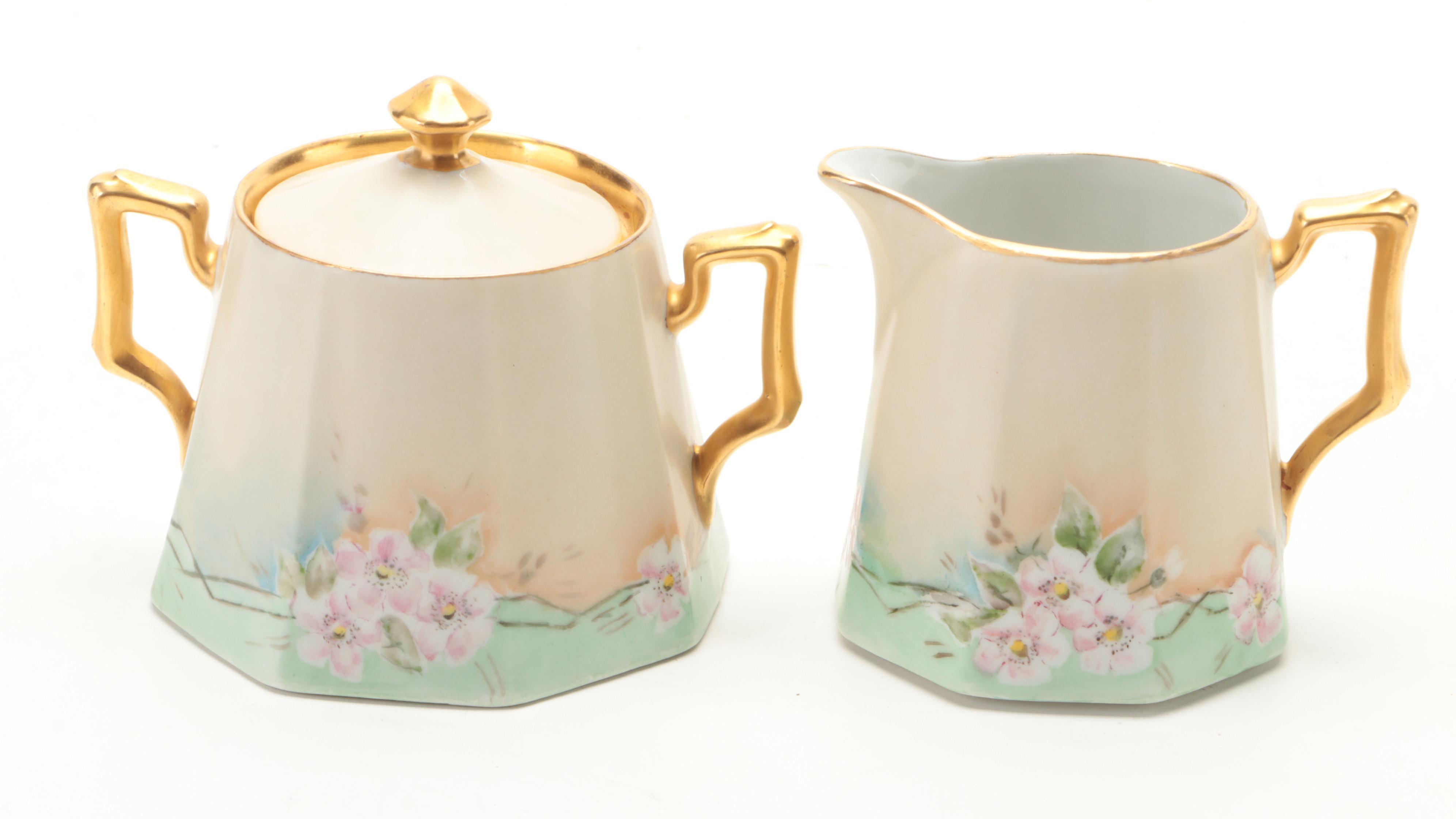 Victorian Hobbyist Hand-Painted Porcelain Cream and Sugar Set with Plates