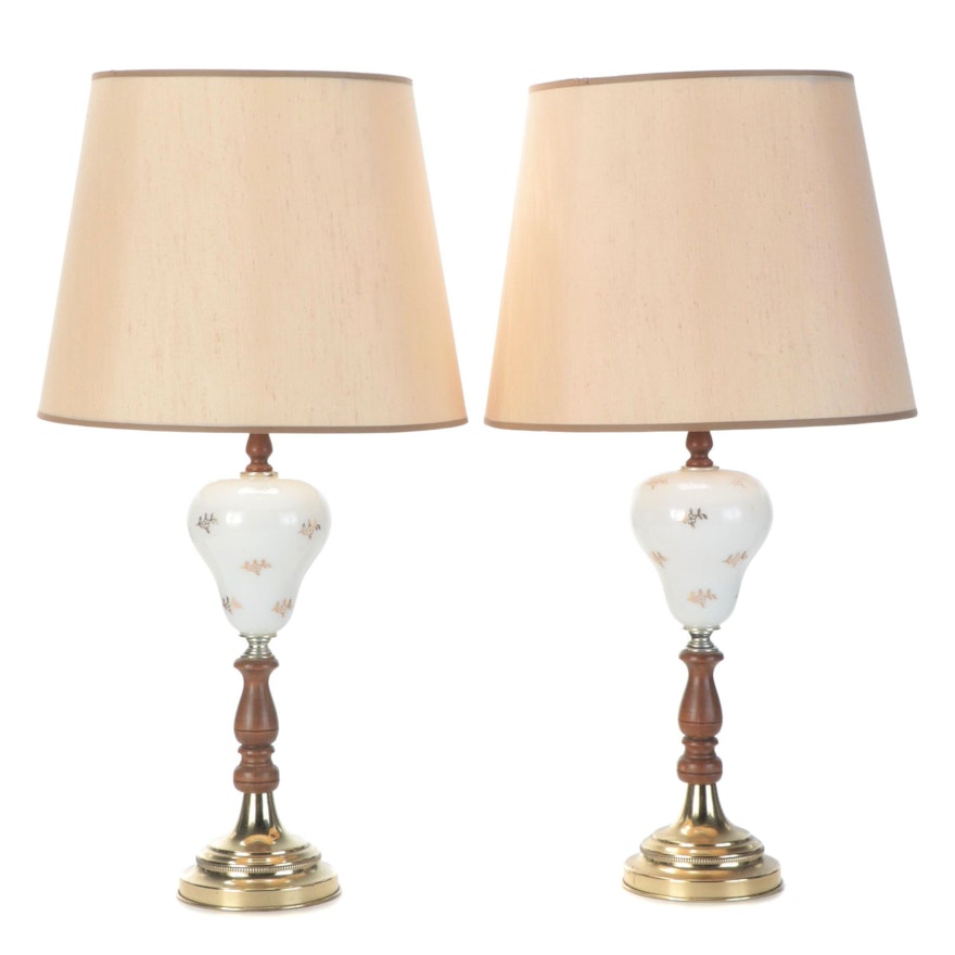 Pair of Painted Glass Font and Wooden Table Lamps, Mid-20th Century