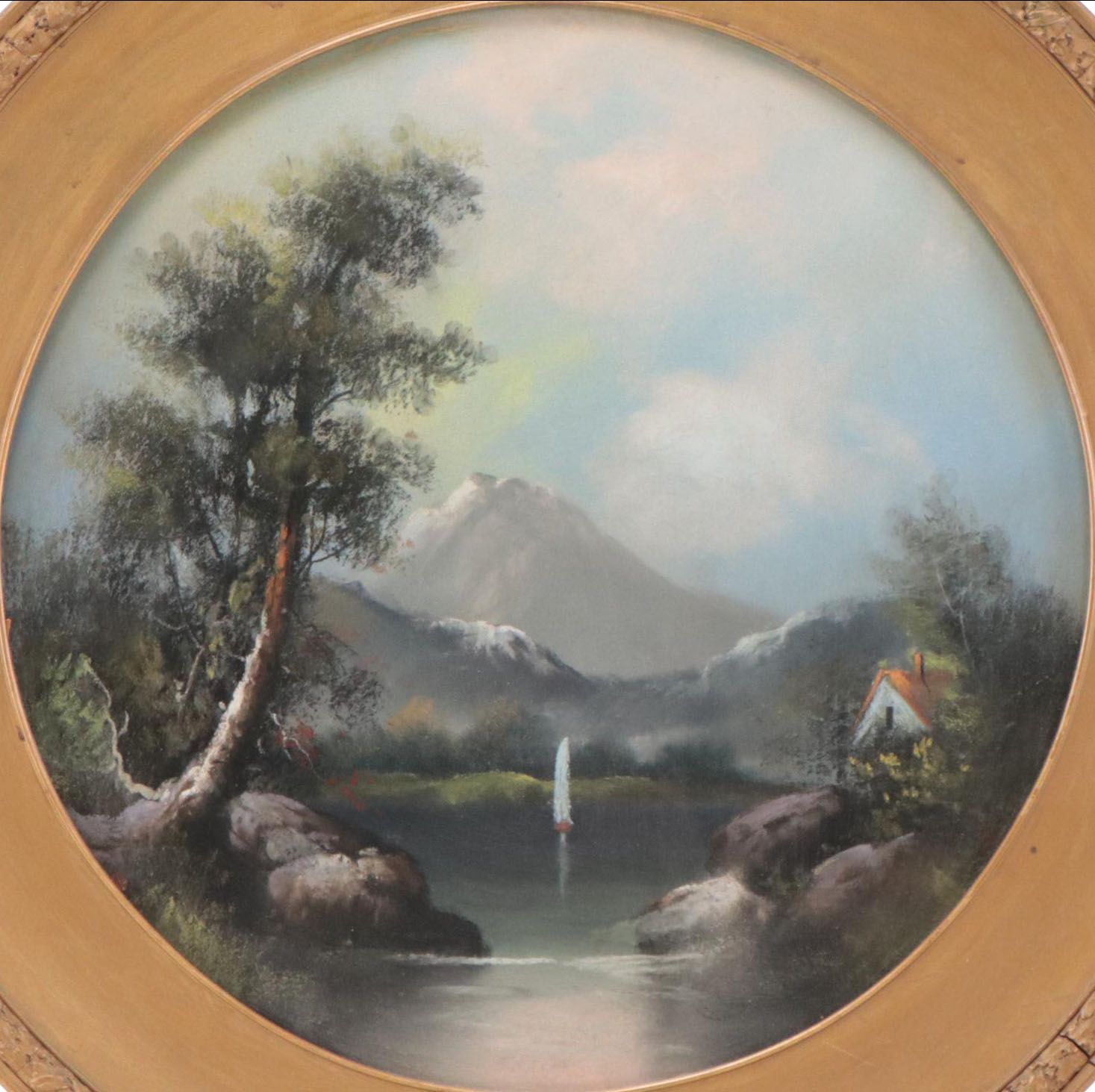 Alpine Landscape Tondo Chalk Pastel Drawing