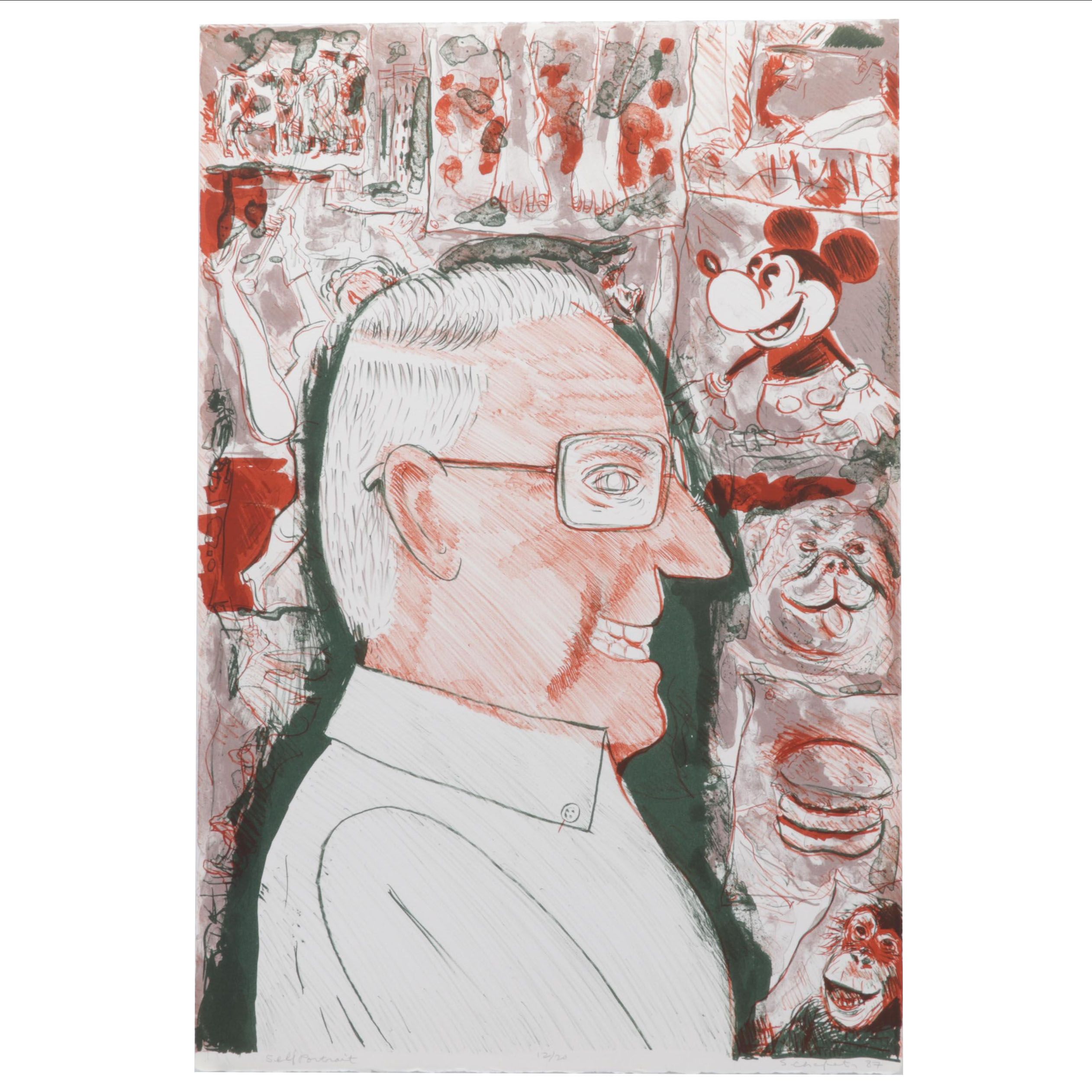 Sidney Chafetz Color Lithograph "Self Portrait," 1987
