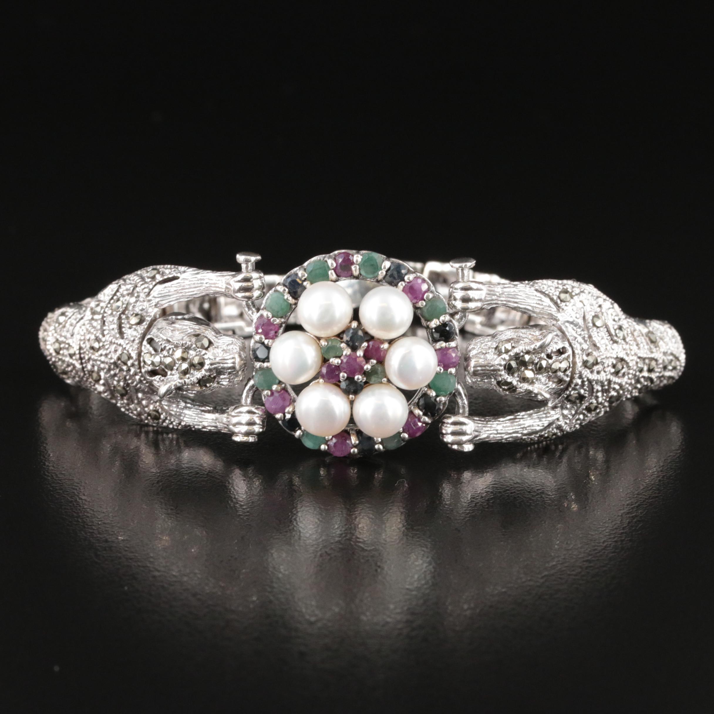 Sterling Pearl, Ruby and Emerald Double Tiger Bracelet
