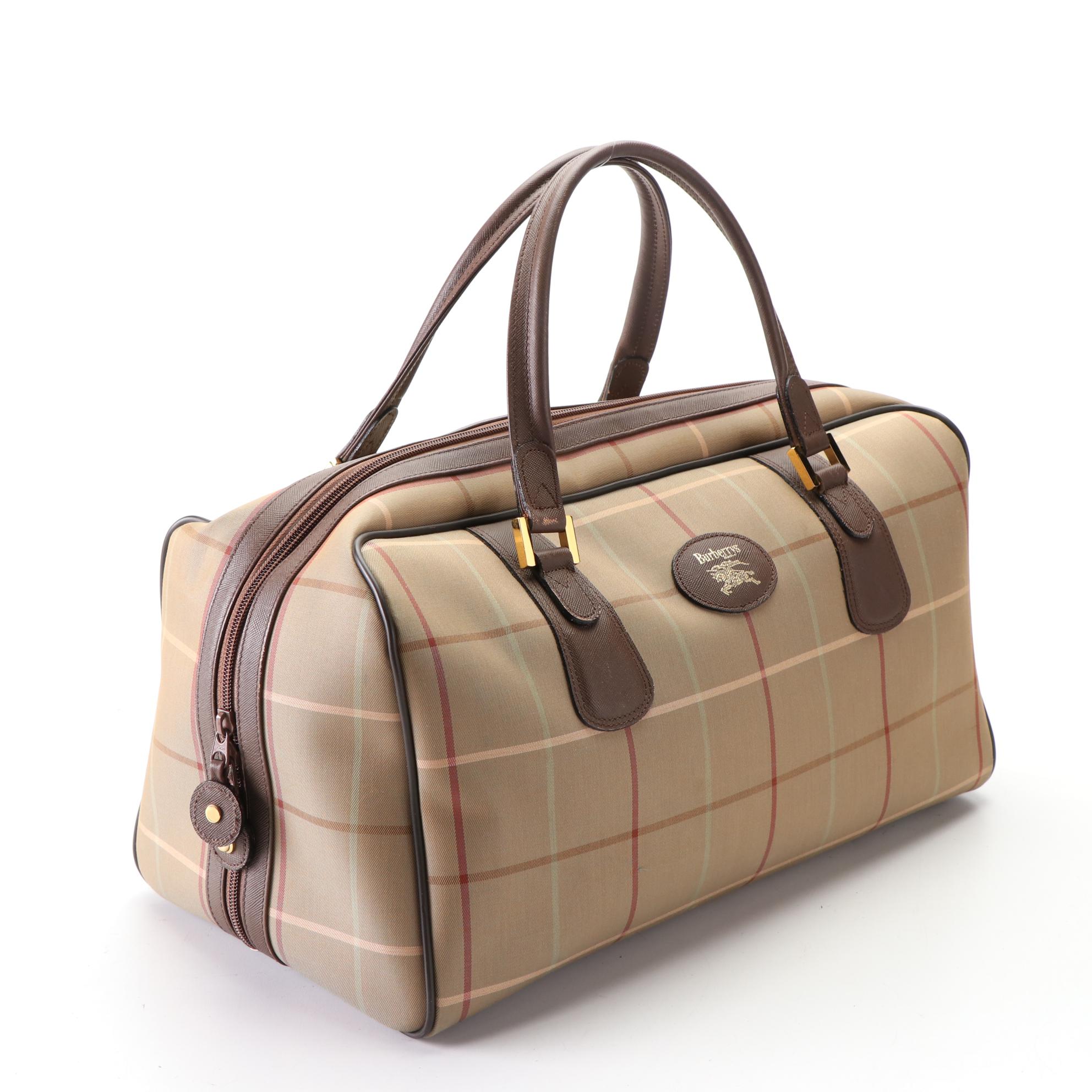 Burberrys Bowler Handbag in Plaid Twill and Brown Cross Grain Leather