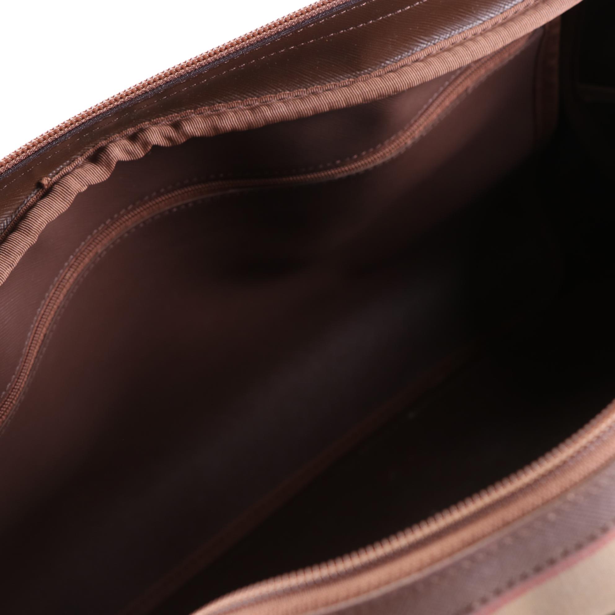 Burberrys Bowler Handbag in Plaid Twill and Brown Cross Grain Leather