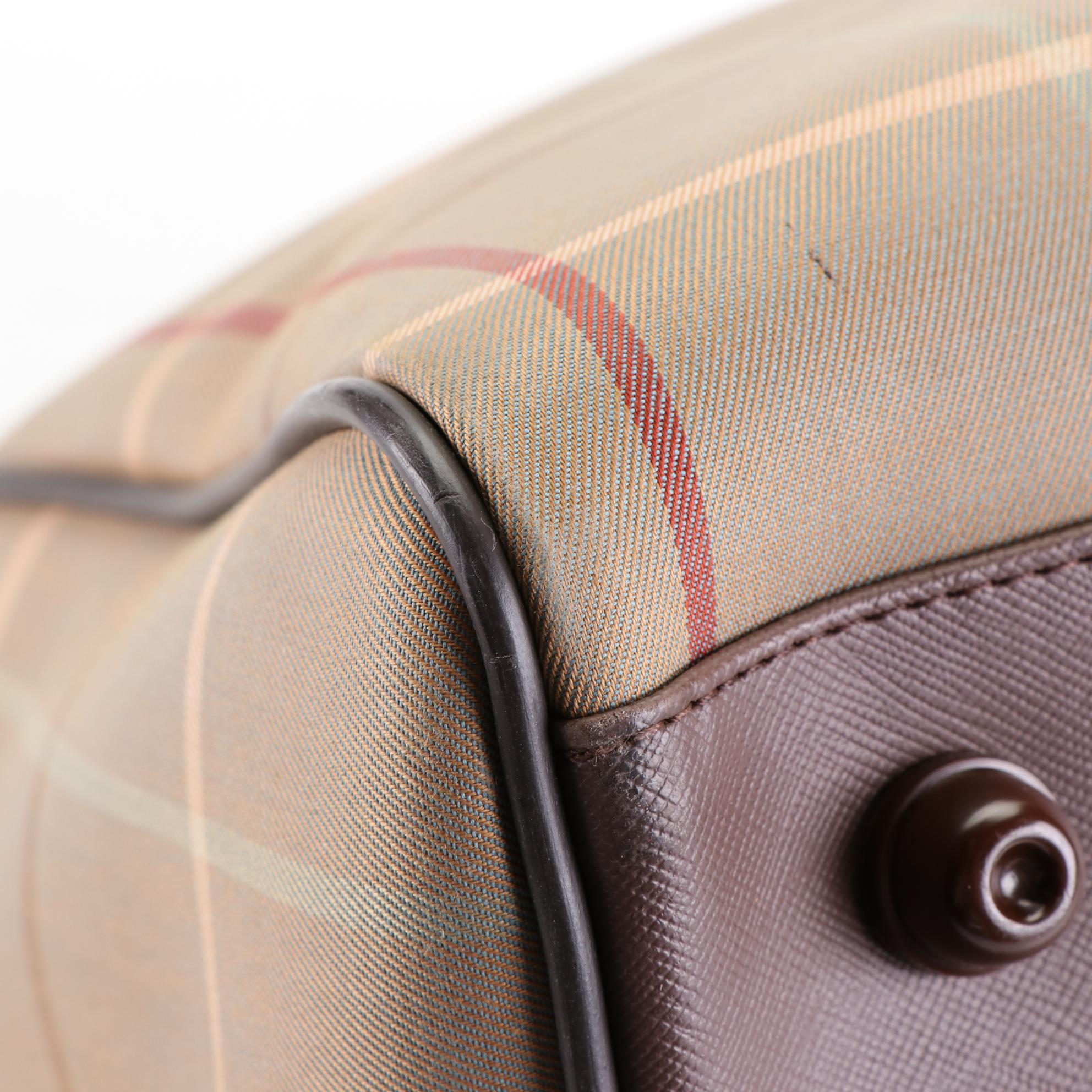 Burberrys Bowler Handbag in Plaid Twill and Brown Cross Grain Leather