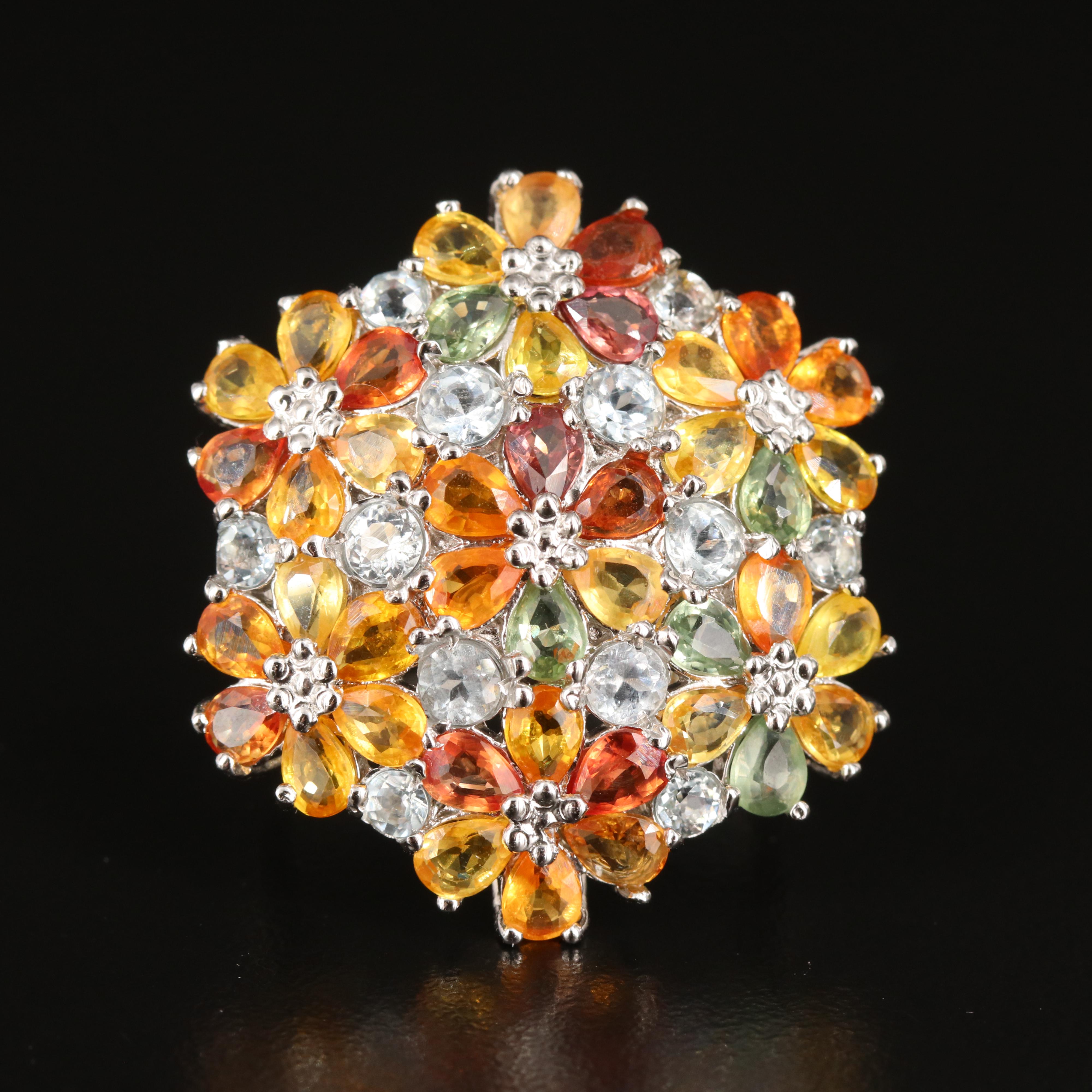 Sterling Sapphire and Aquamarine Flower Cluster Ring