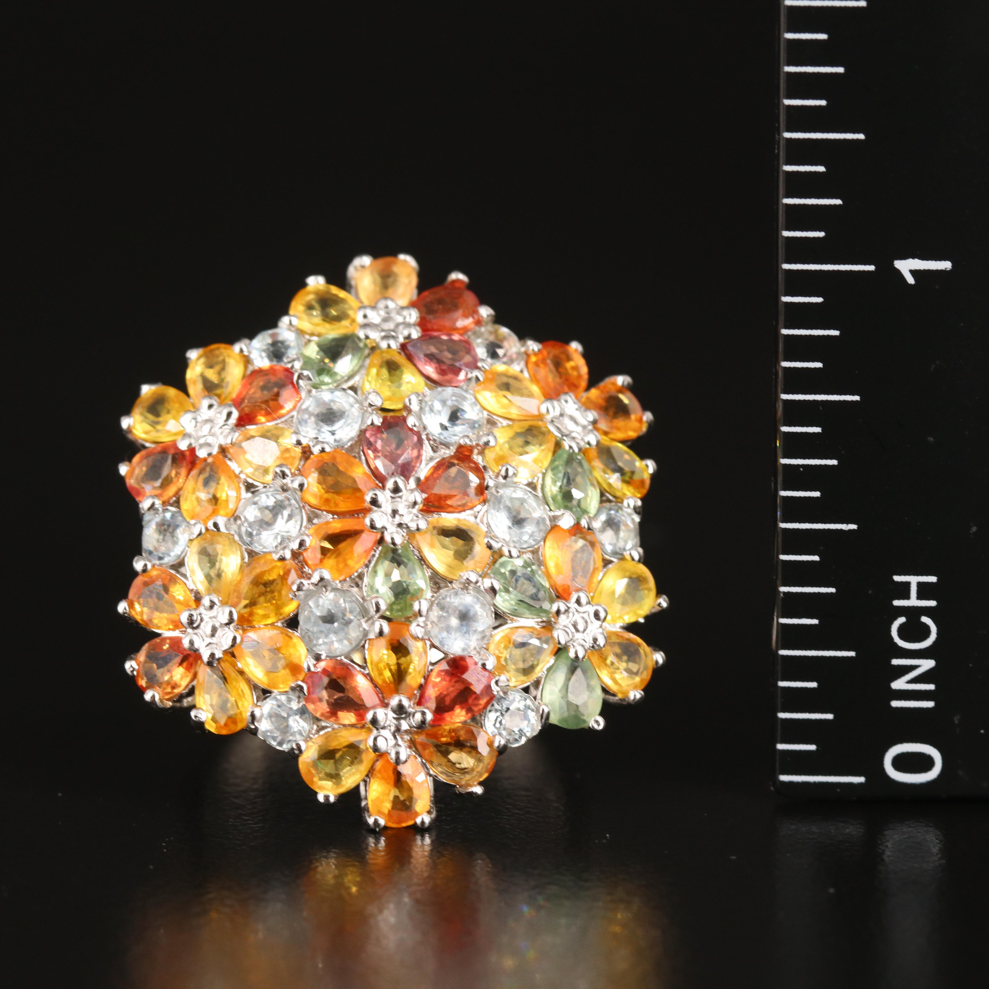 Sterling Sapphire and Aquamarine Flower Cluster Ring