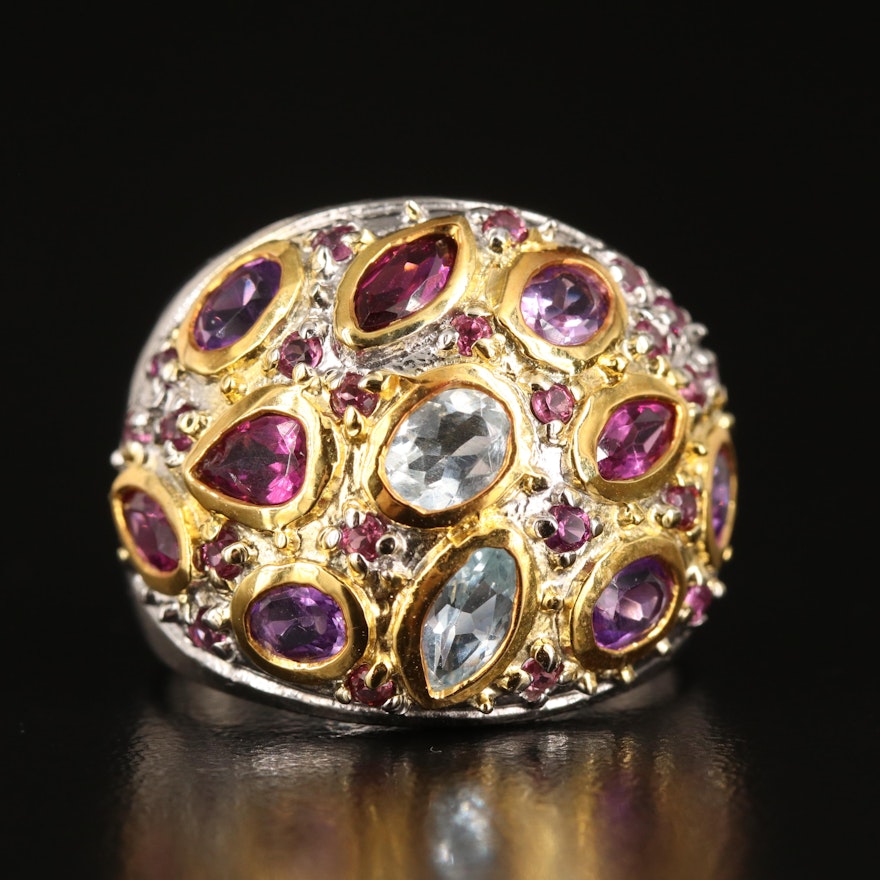 Sterling Amethyst, Garnet and Aquamarine Dome Ring