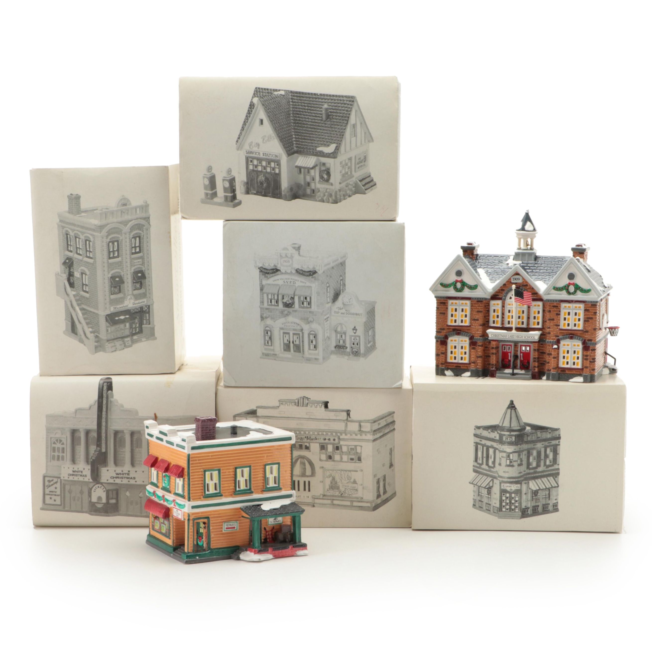 Department 56 "Village Market" and Other Snow Village Series Porcelain Buildings