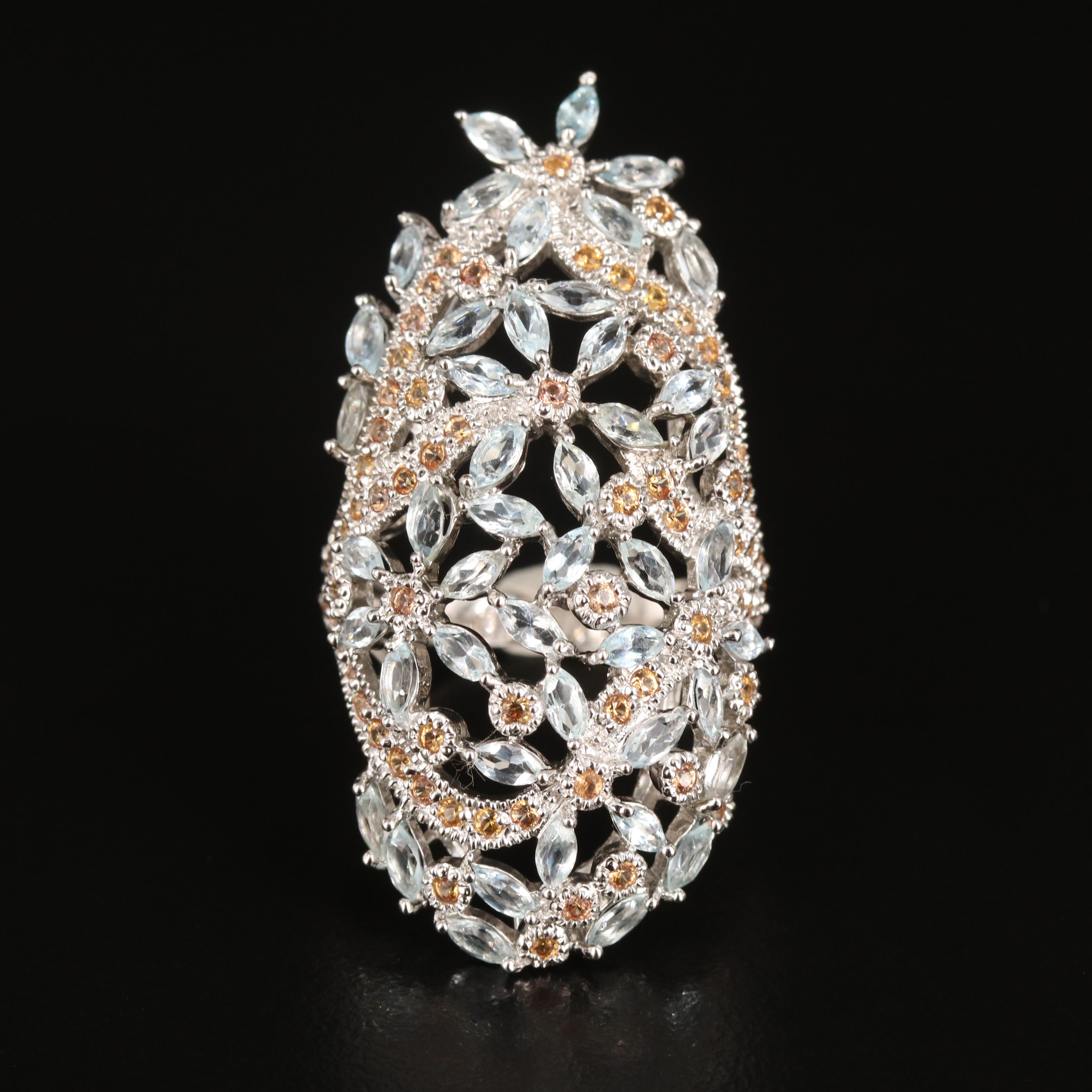 Sterling Aquamarine and Yellow Sapphire Floral Ring