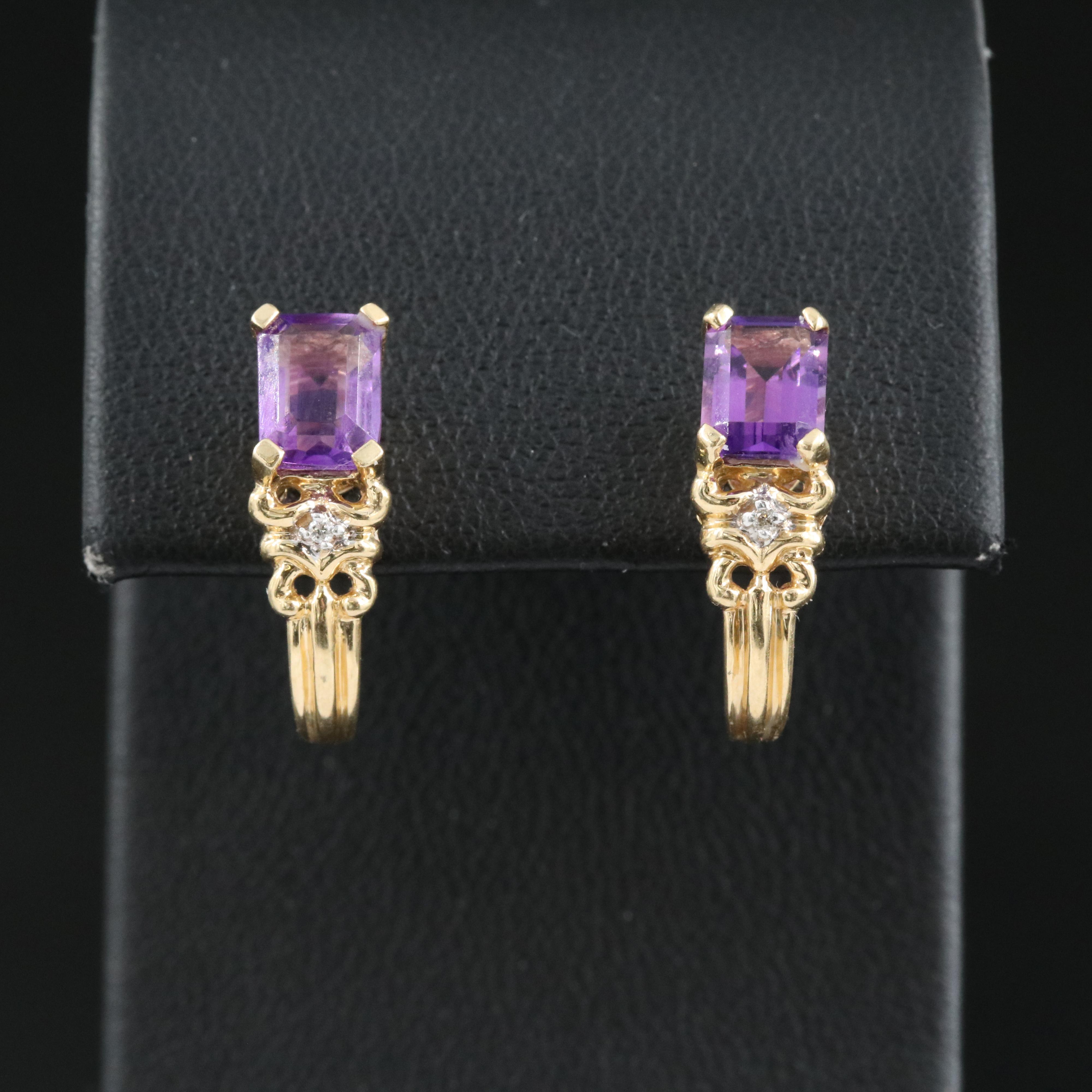 14K Amethyst and Diamond J Hoop Earrings