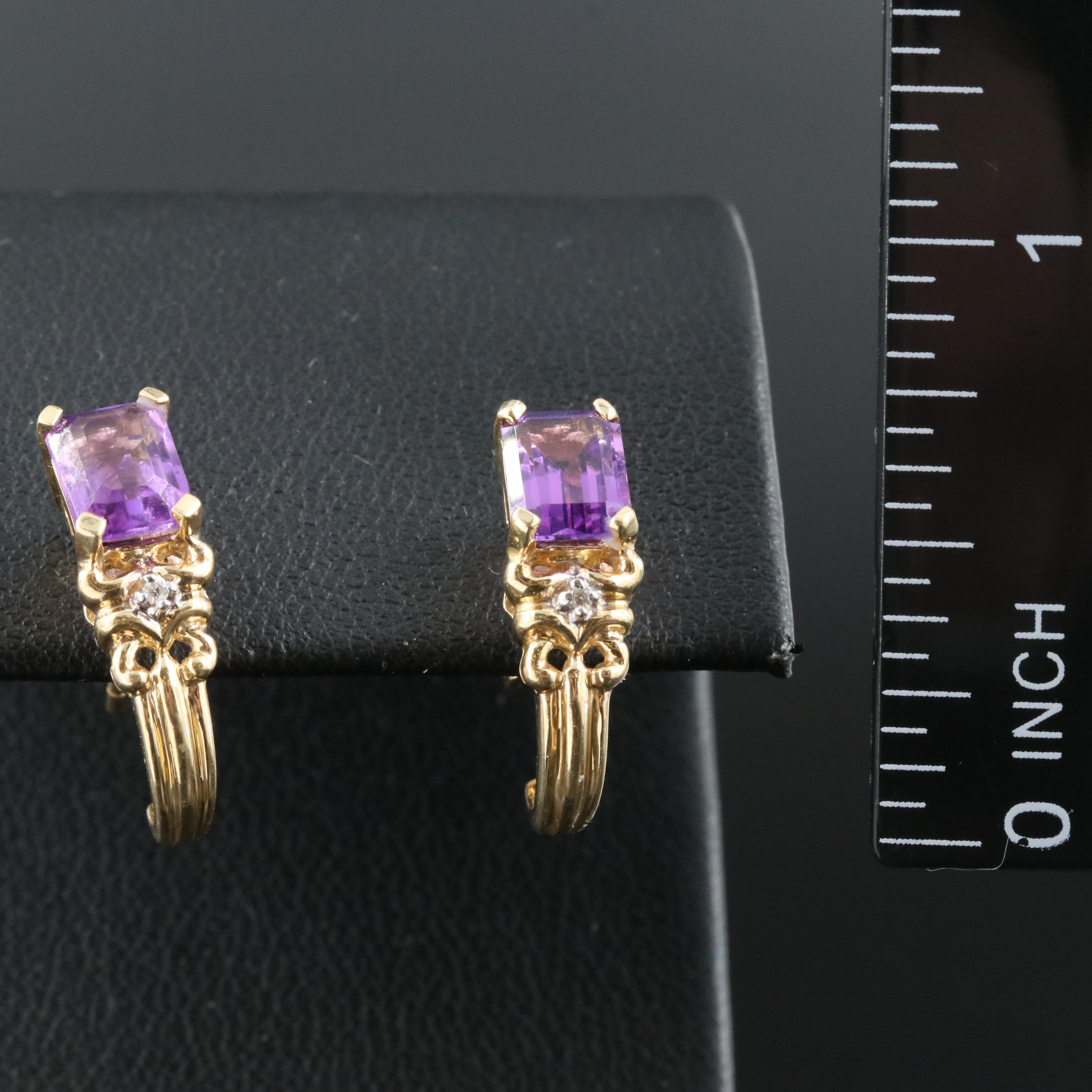 14K Amethyst and Diamond J Hoop Earrings