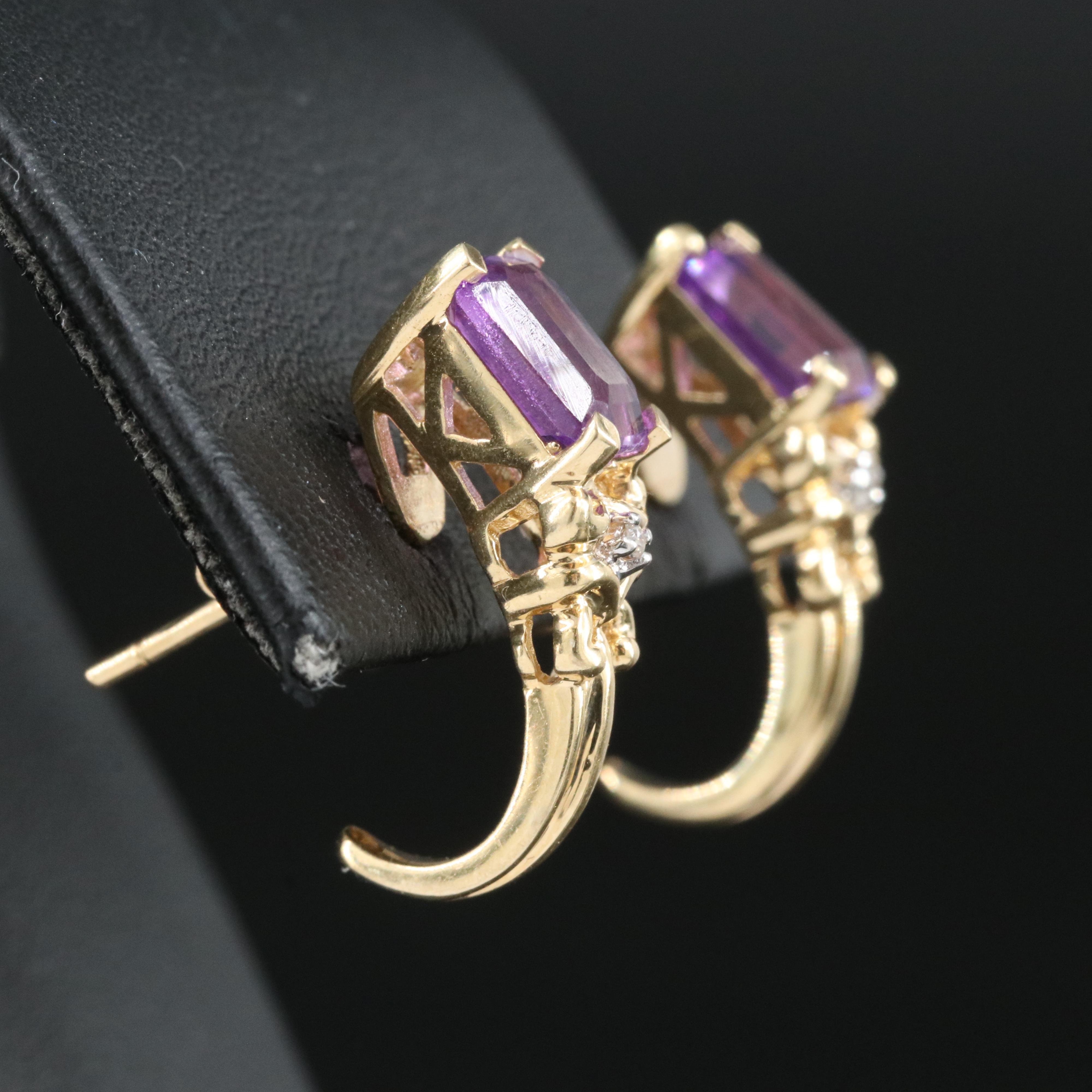 14K Amethyst and Diamond J Hoop Earrings