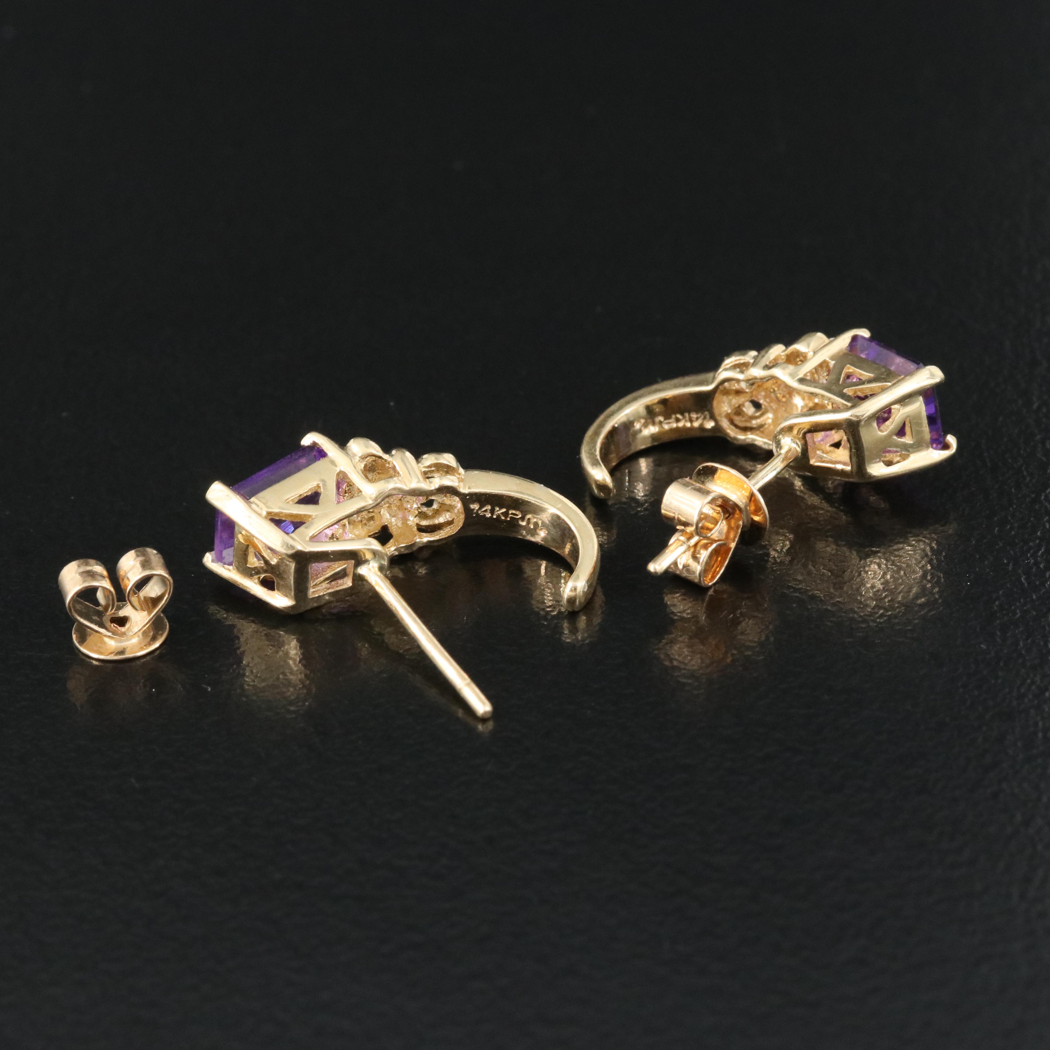 14K Amethyst and Diamond J Hoop Earrings