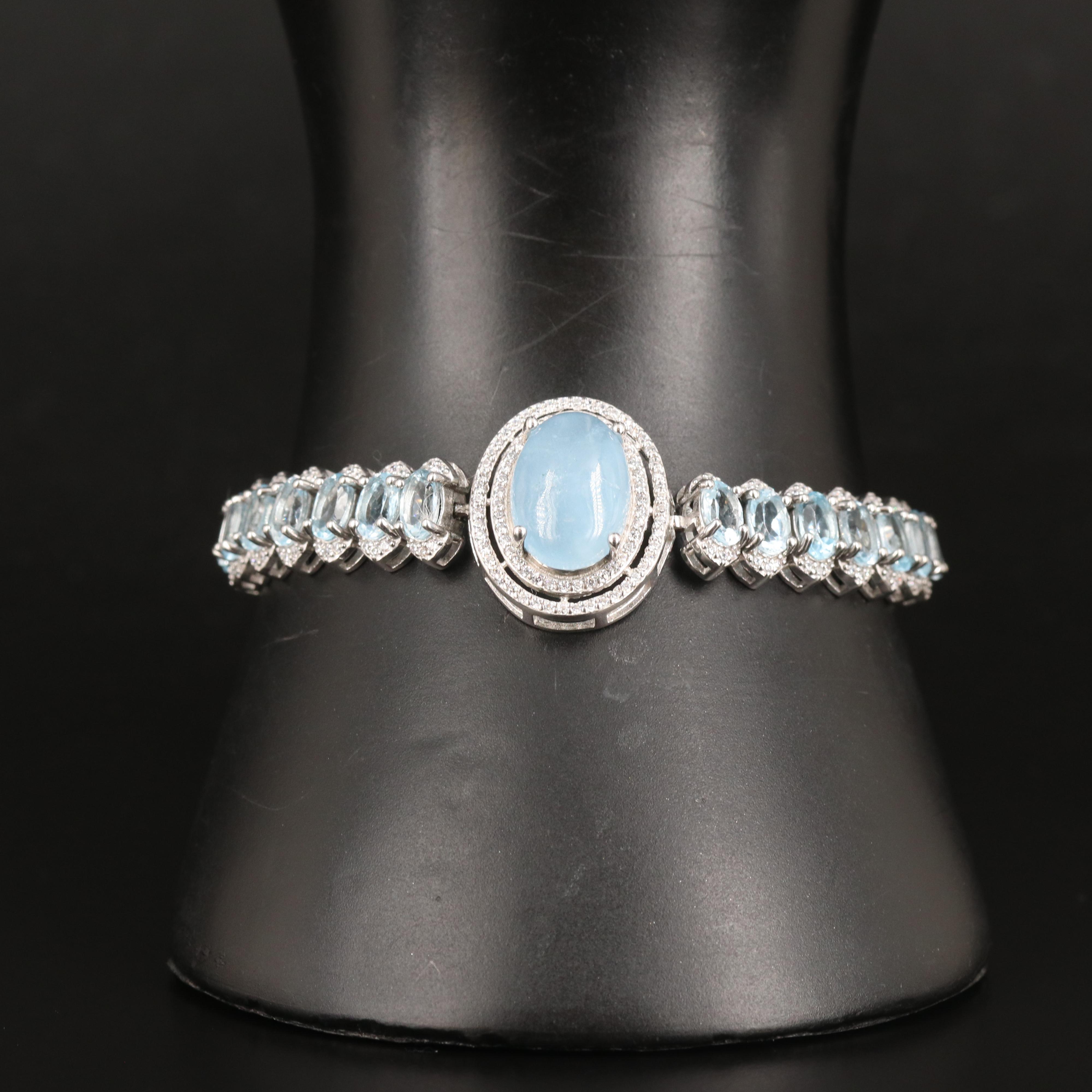 Sterling Aquamarine, Cubic Zirconia and Swiss Blue Topaz Bolo Bracelet