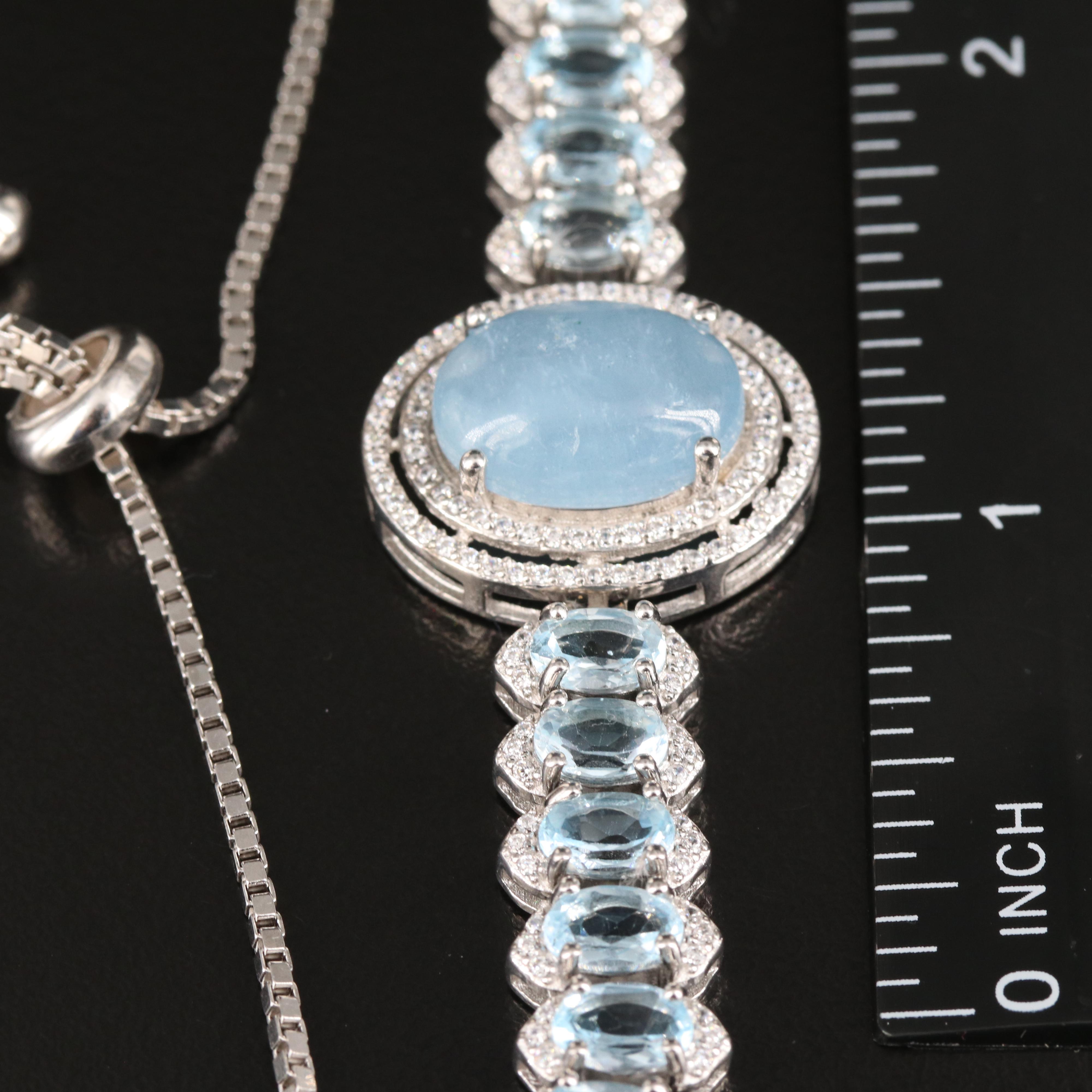 Sterling Aquamarine, Cubic Zirconia and Swiss Blue Topaz Bolo Bracelet