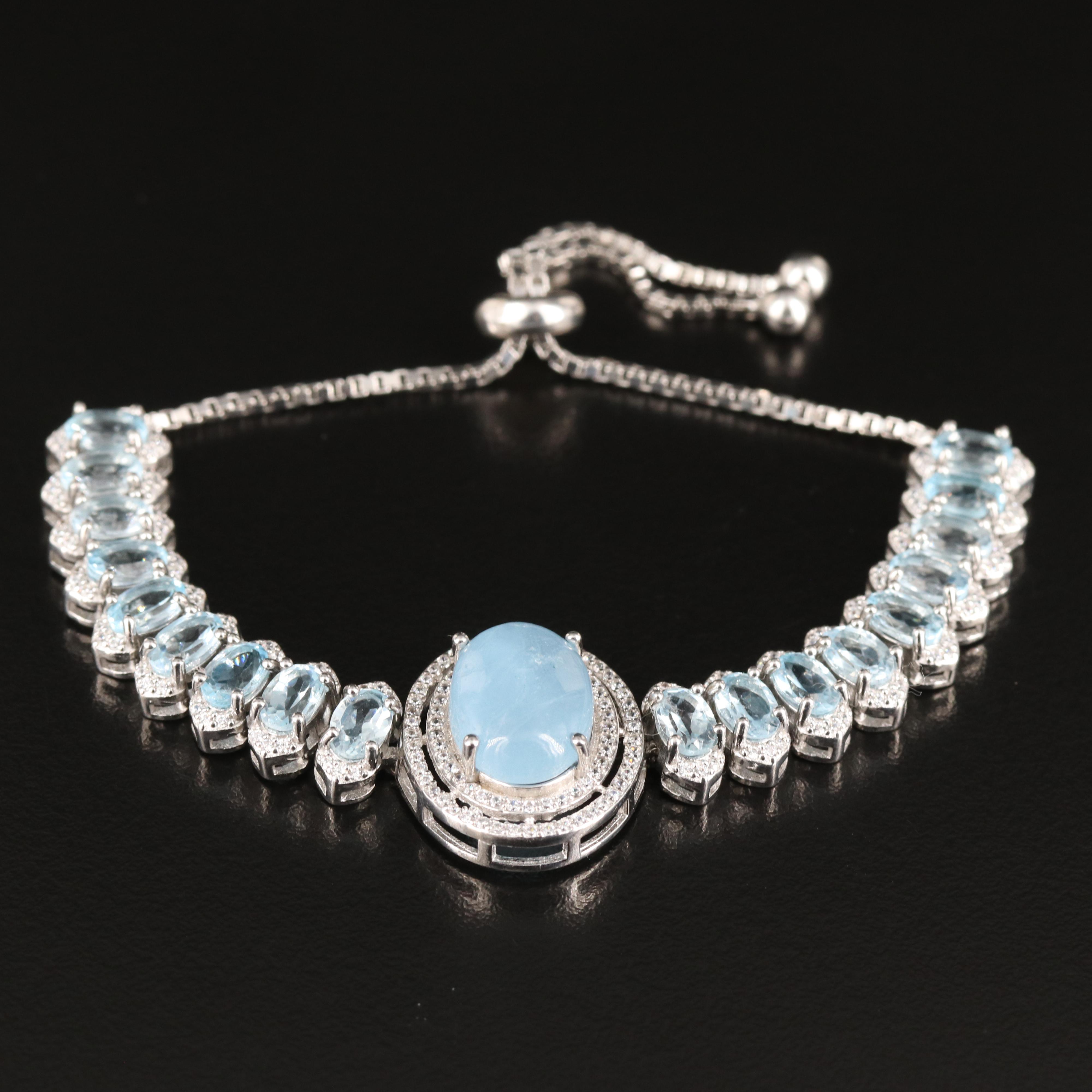 Sterling Aquamarine, Cubic Zirconia and Swiss Blue Topaz Bolo Bracelet